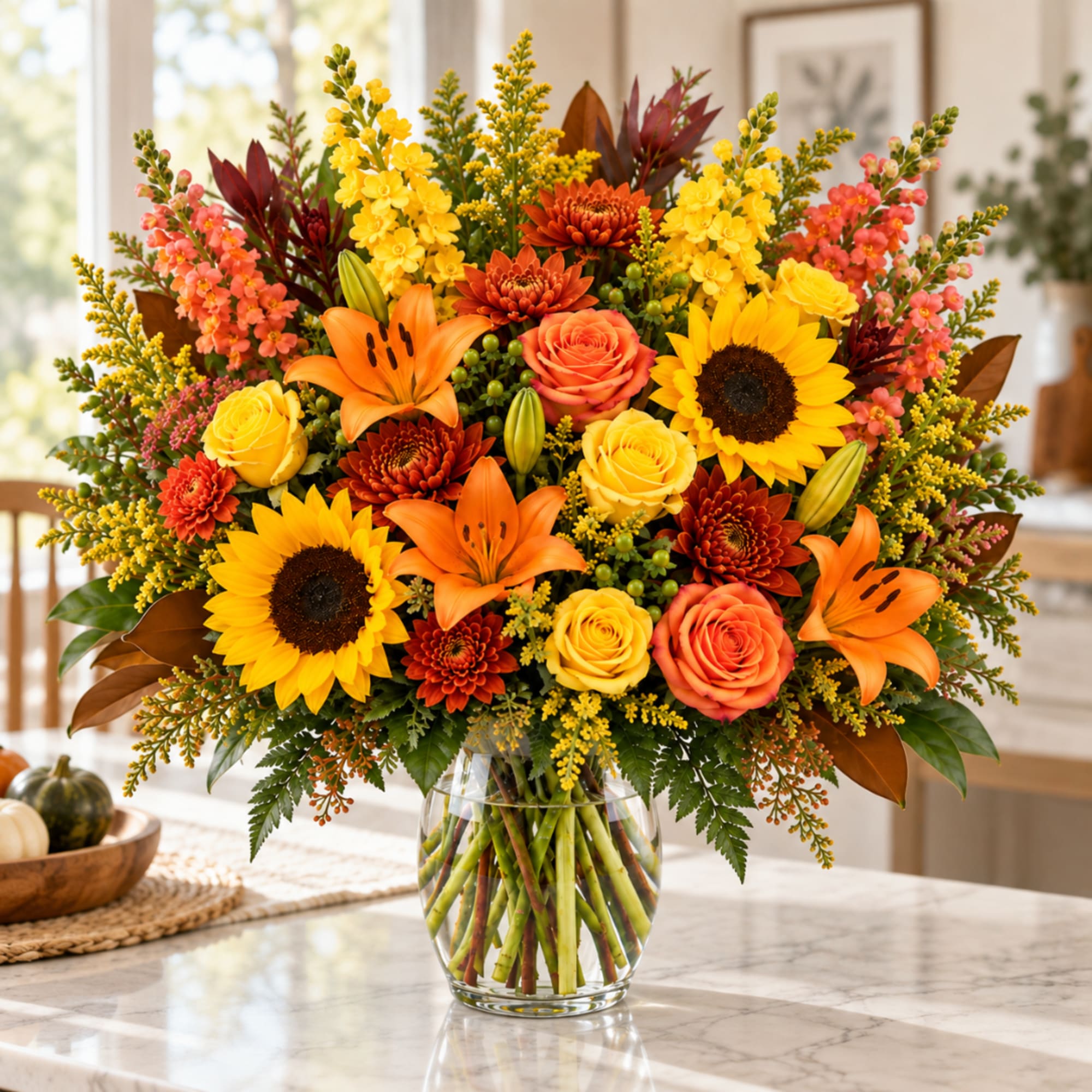 Mixed bouquet of sunflowers, roses, lilies, and mums in a glass vase