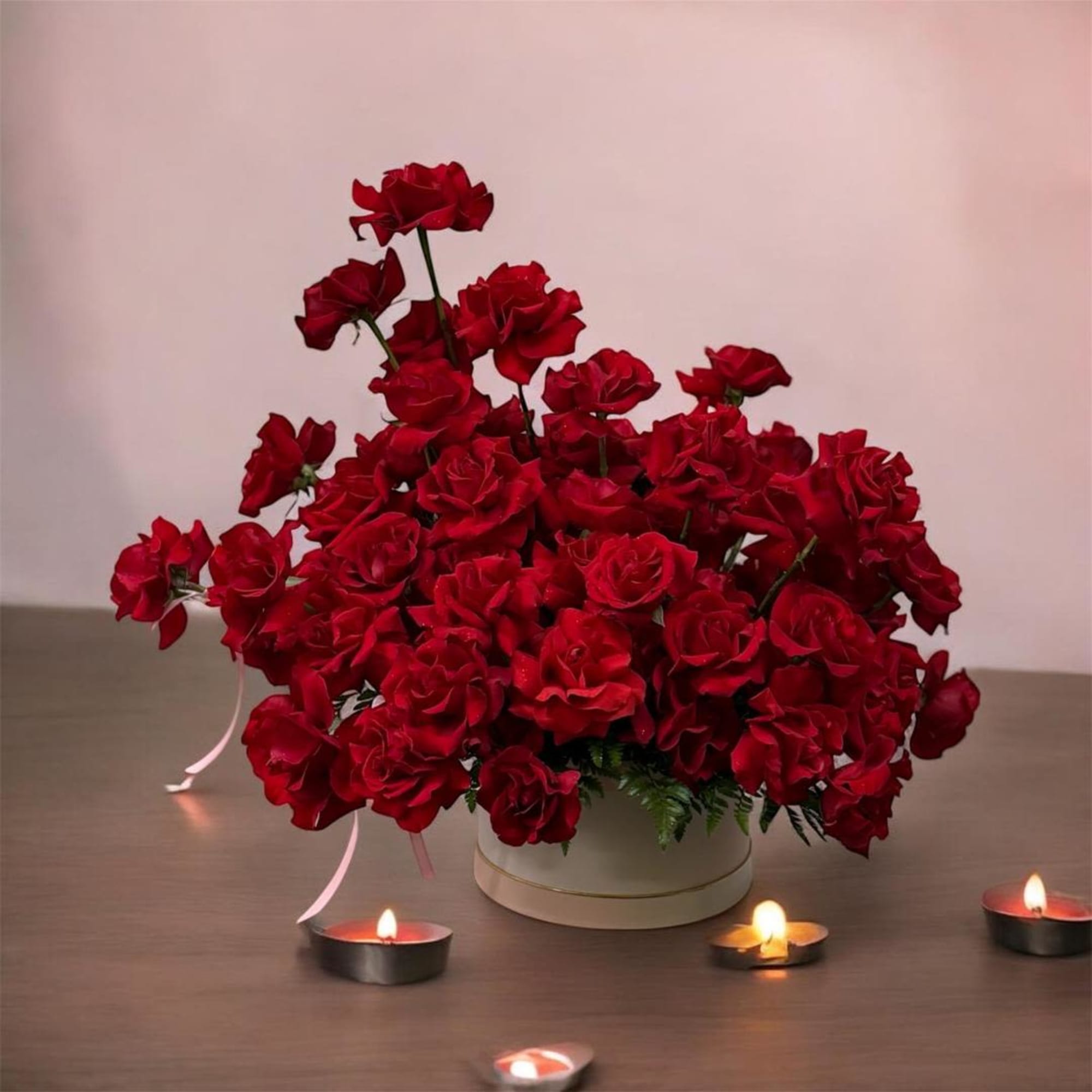 Red rose arrangement in a white round box with small candles nearby