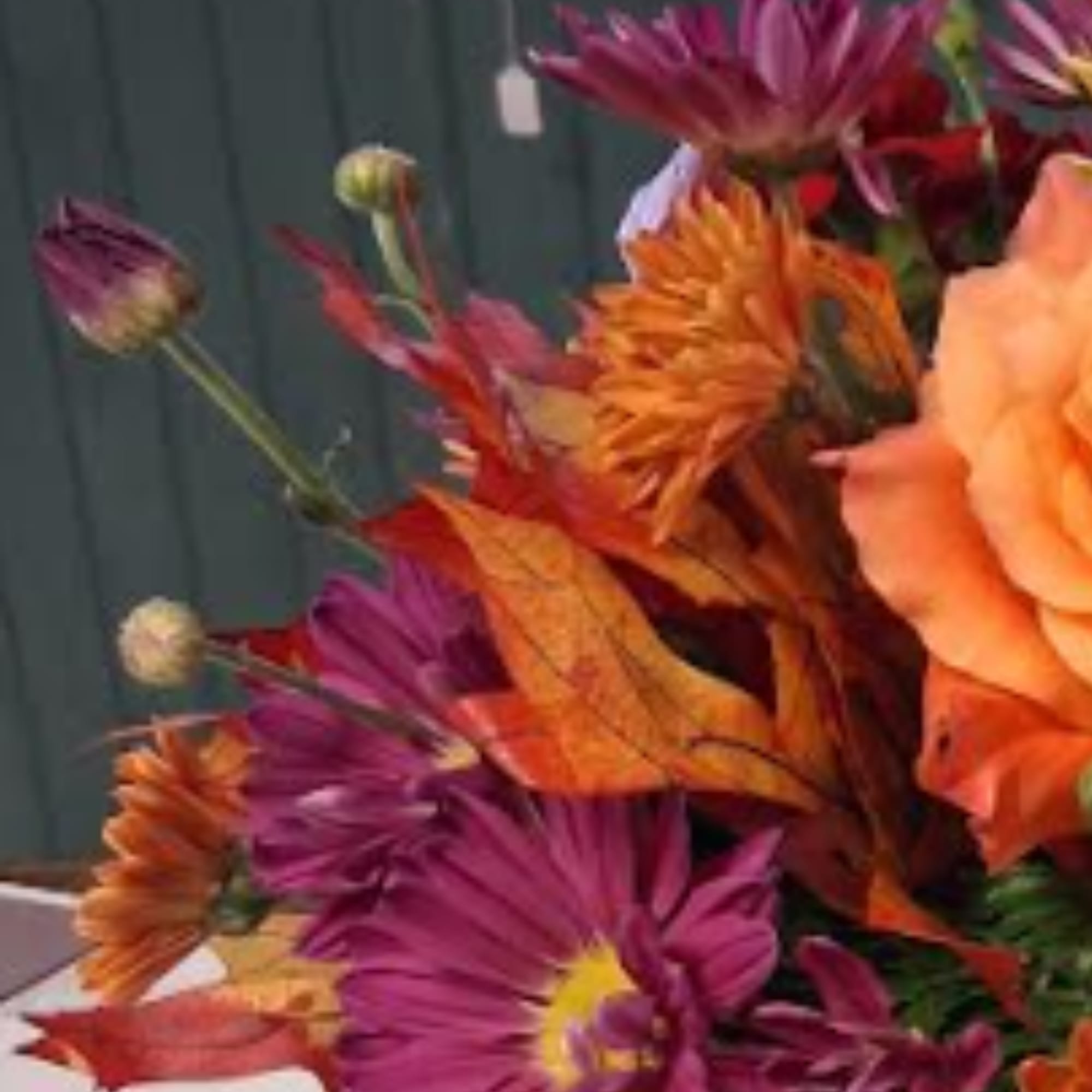 Orange and purple chrysanthemum bouquet with autumn leaves
