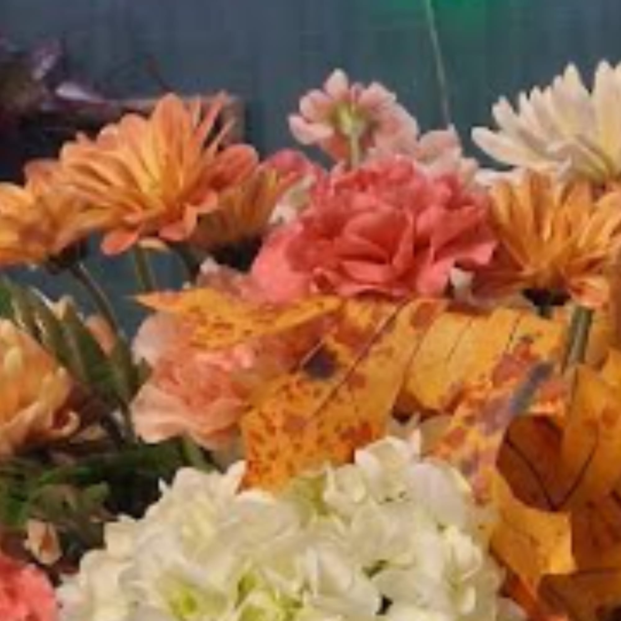 Mixed bouquet of orange, pink, and white flowers