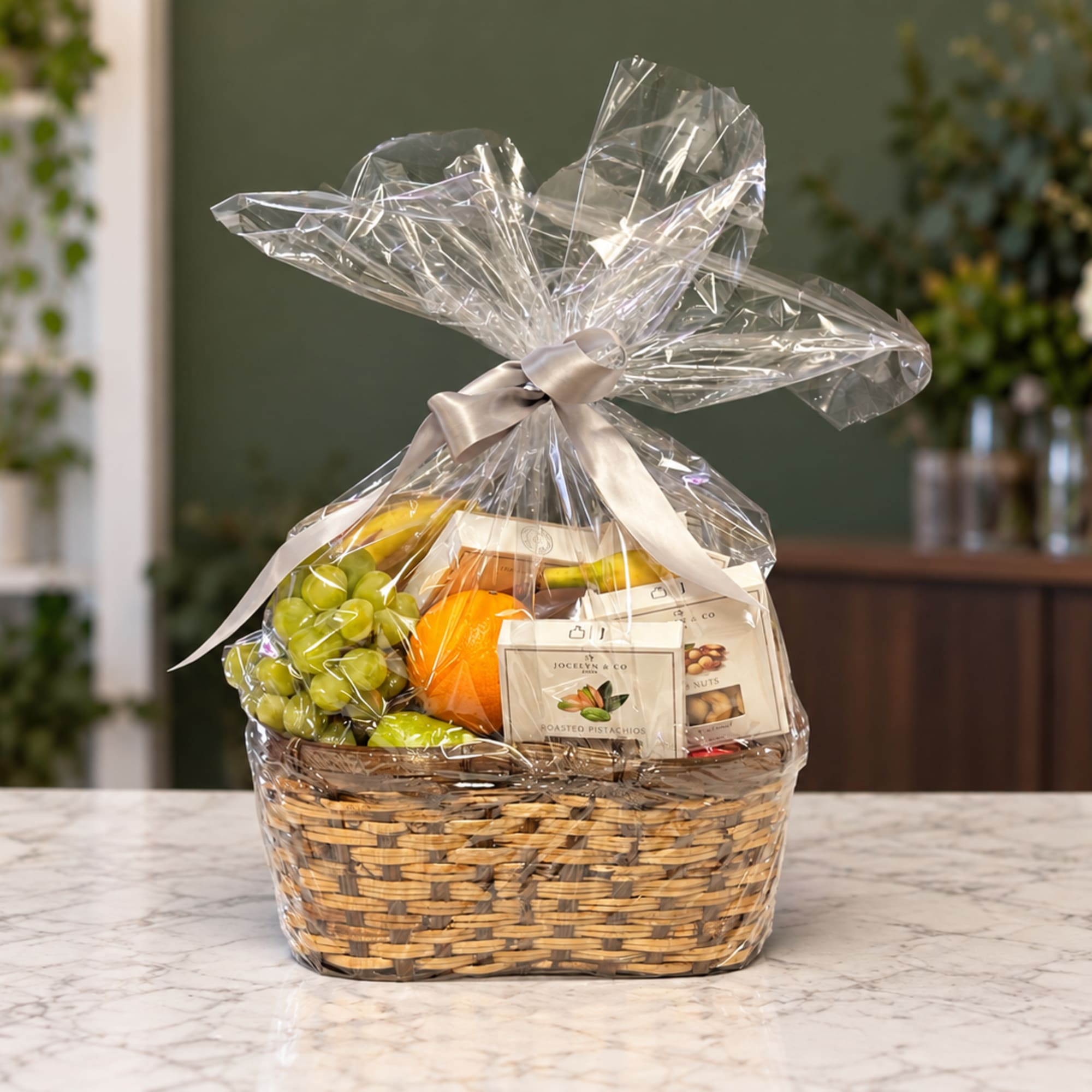 Gift basket with grapes, an orange, and packaged snacks in a wicker basket