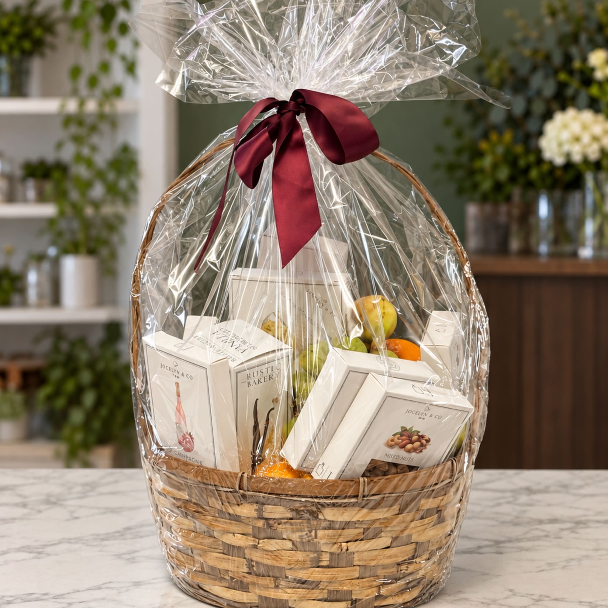 Gift basket with boxed treats and fruit wrapped in clear cellophane and a burgundy ribbon