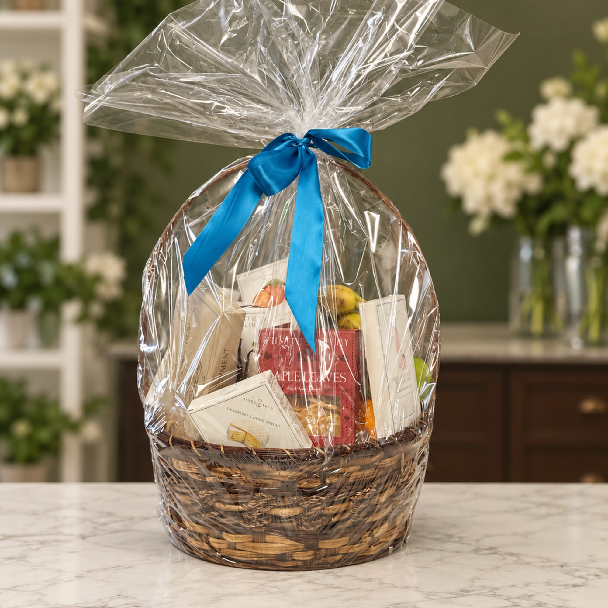Gift basket with packaged snacks wrapped in clear cellophane and a blue ribbon