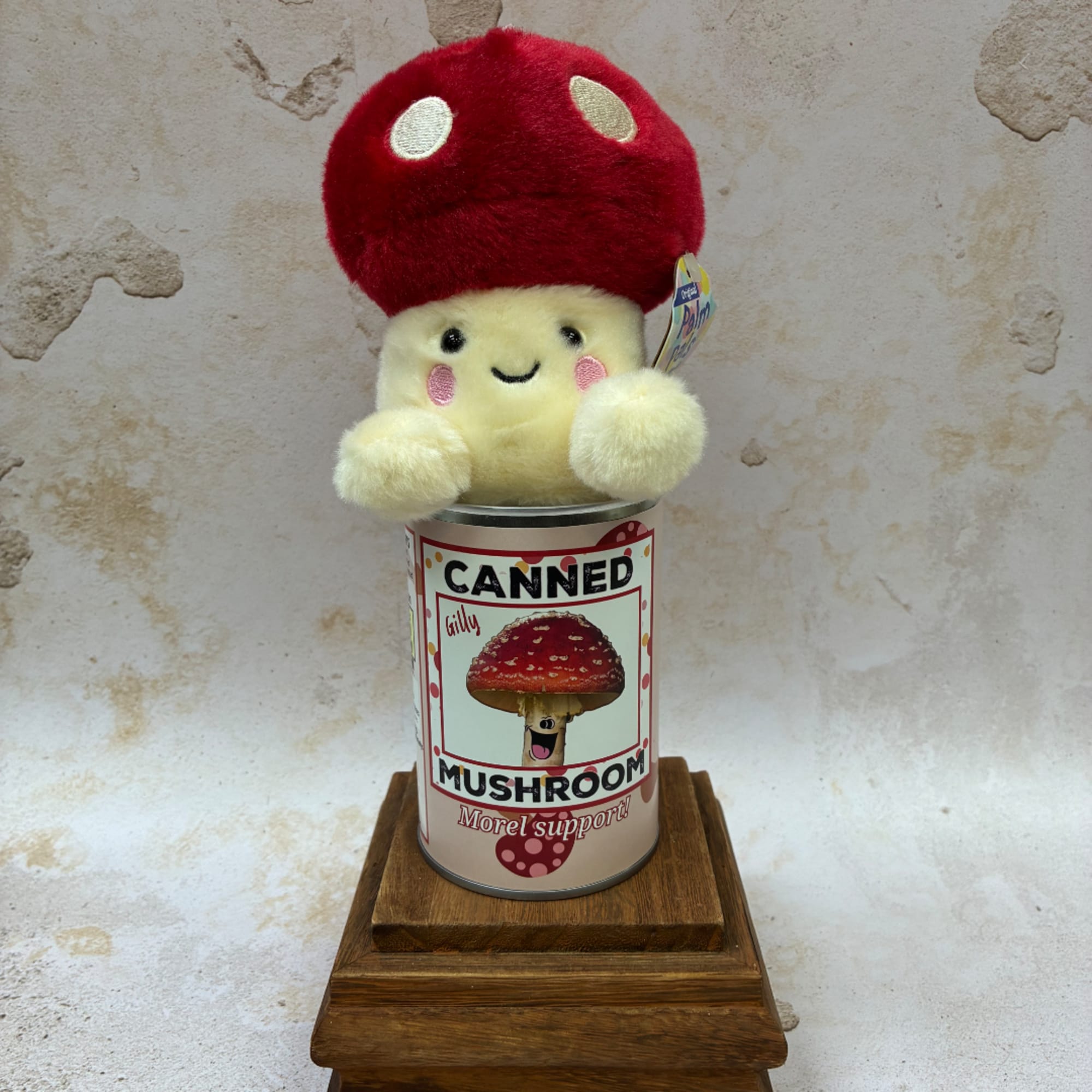 Plush mushroom toy sitting in a labeled can on a wooden base