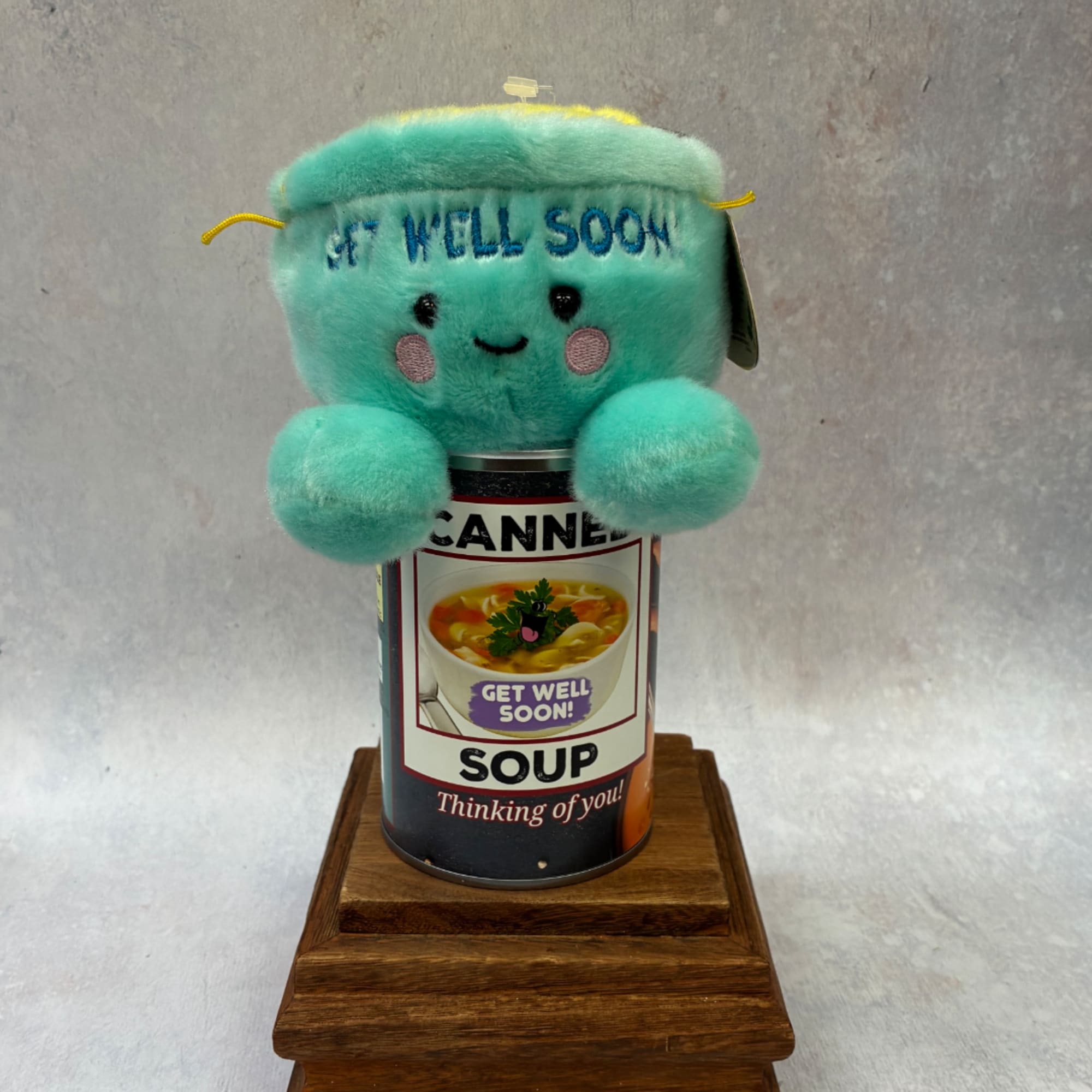 Plush get-well character sitting on a soup can gift container