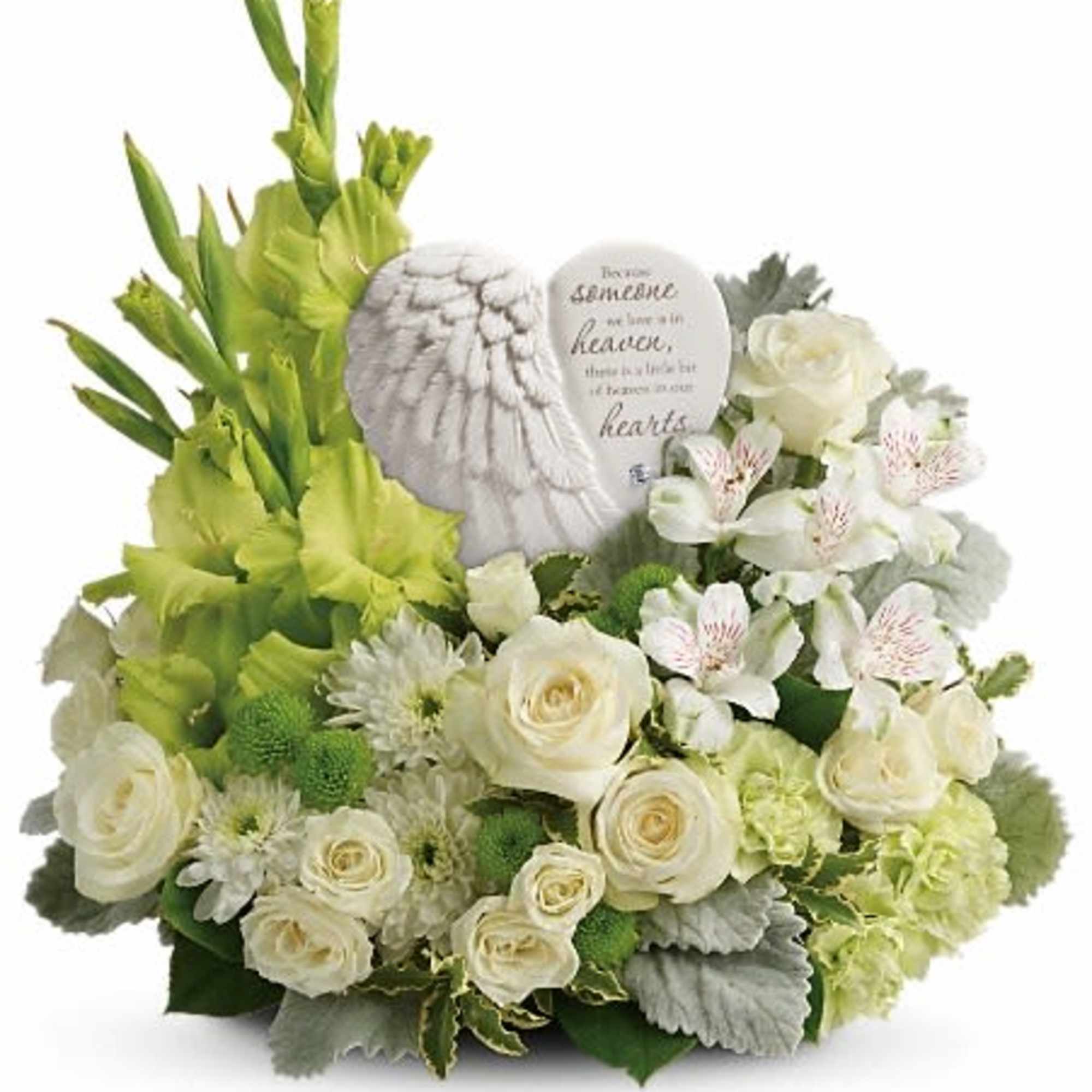 White and green sympathy arrangement with roses, alstroemeria, mums and an angel-wing heart plaque