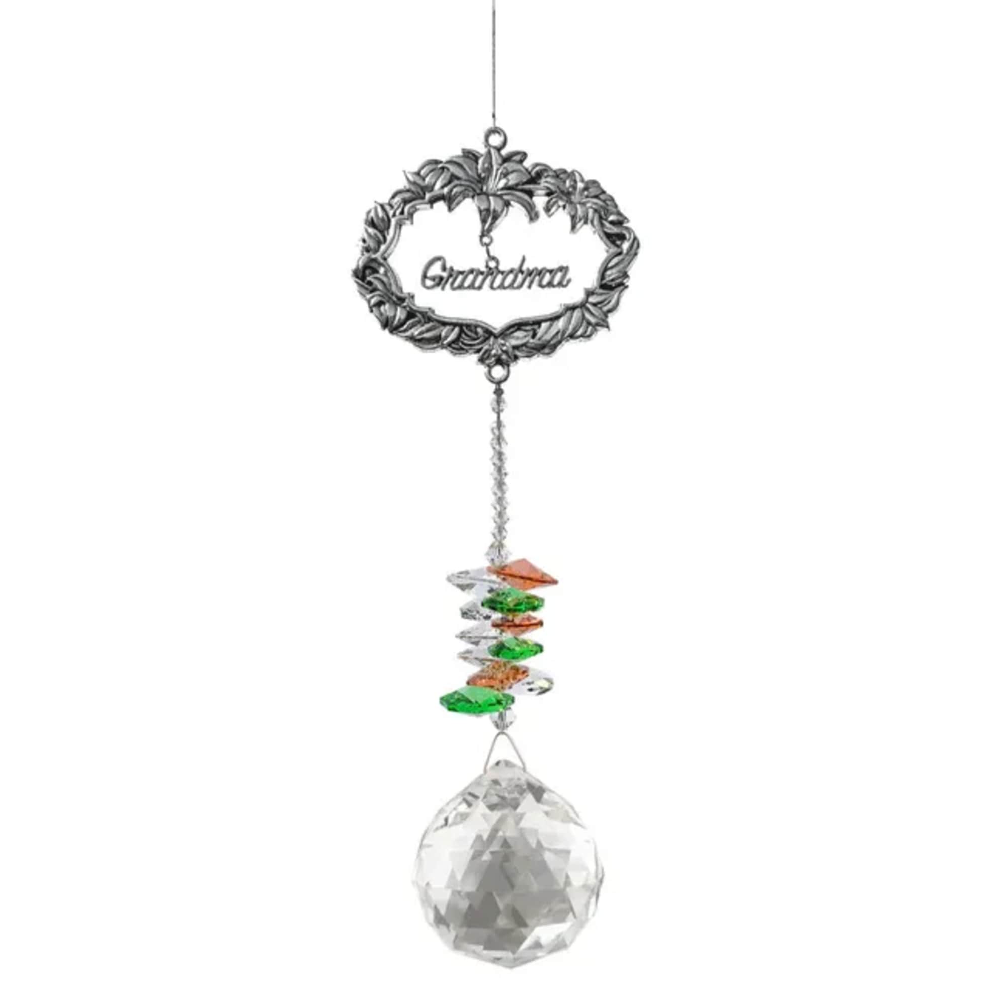 Hanging Grandma metal ornament with multicolor crystal beads and a faceted crystal ball.