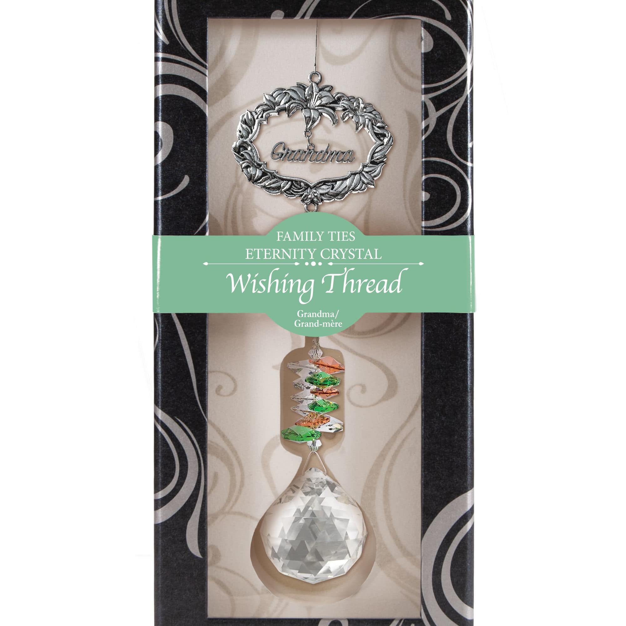 Packaged 'Grandma' wishing thread ornament with metal frame and faceted crystal drop.