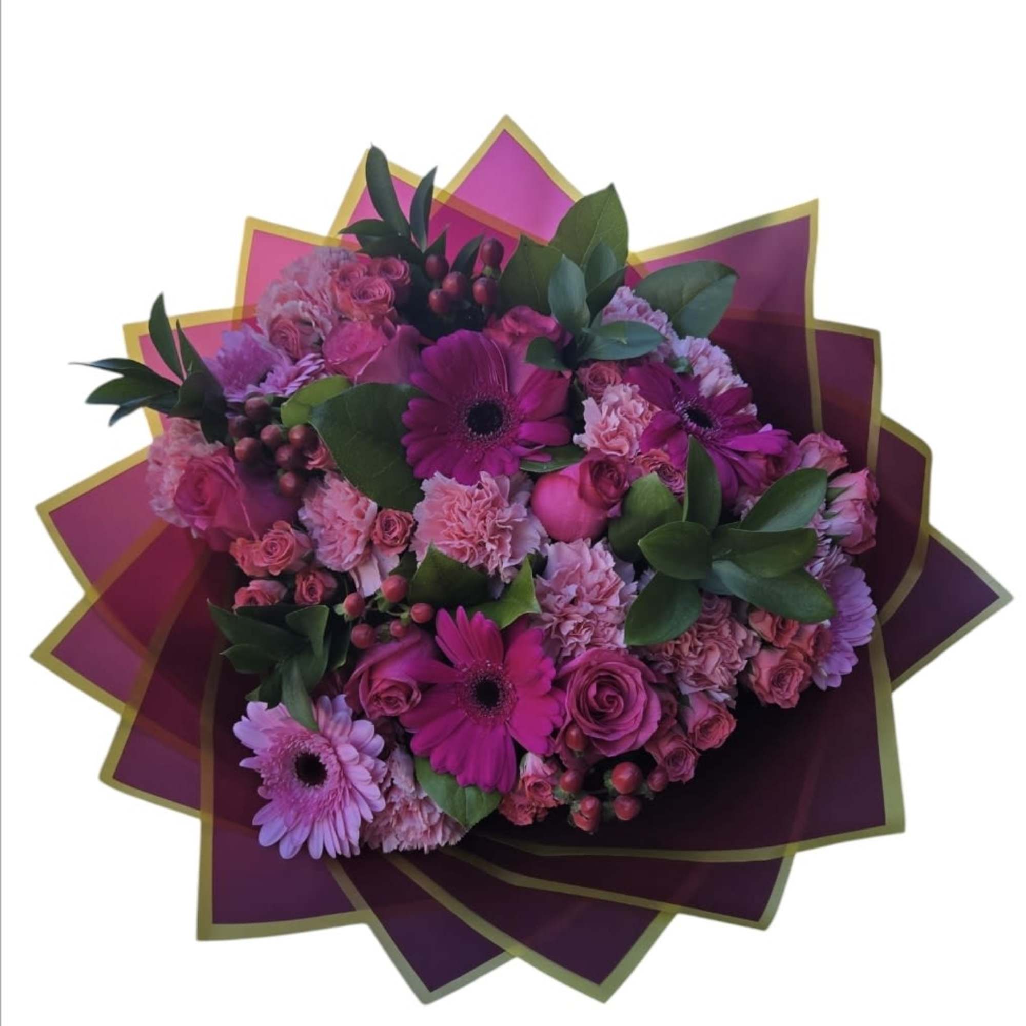 Pink and purple mixed bouquet with gerbera daisies and roses