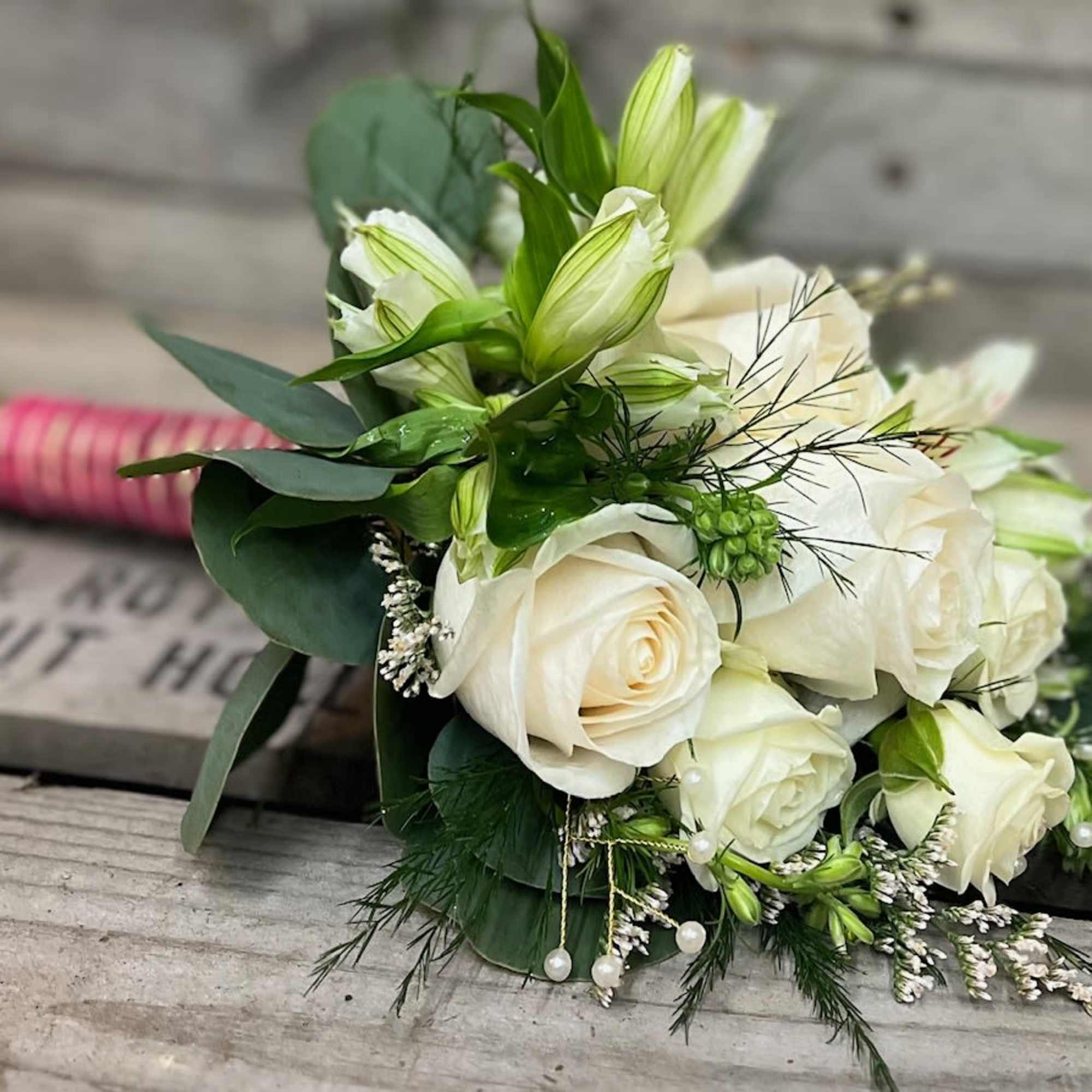 Mix of all white flowers arranged beautifully in small handheld handpicked look, photo 2 of 4