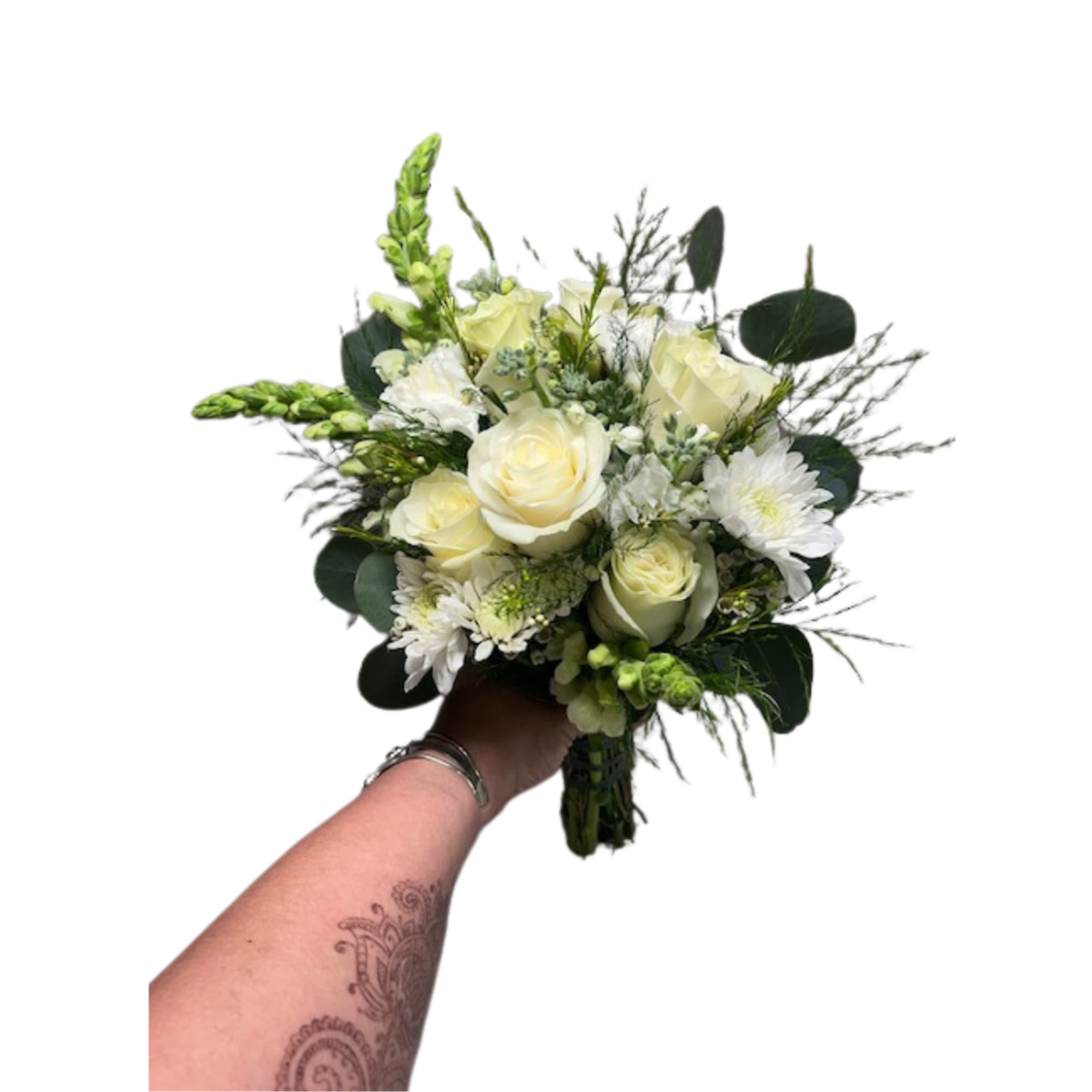 Mix of all white flowers arranged beautifully in small handheld handpicked look, photo 4 of 4