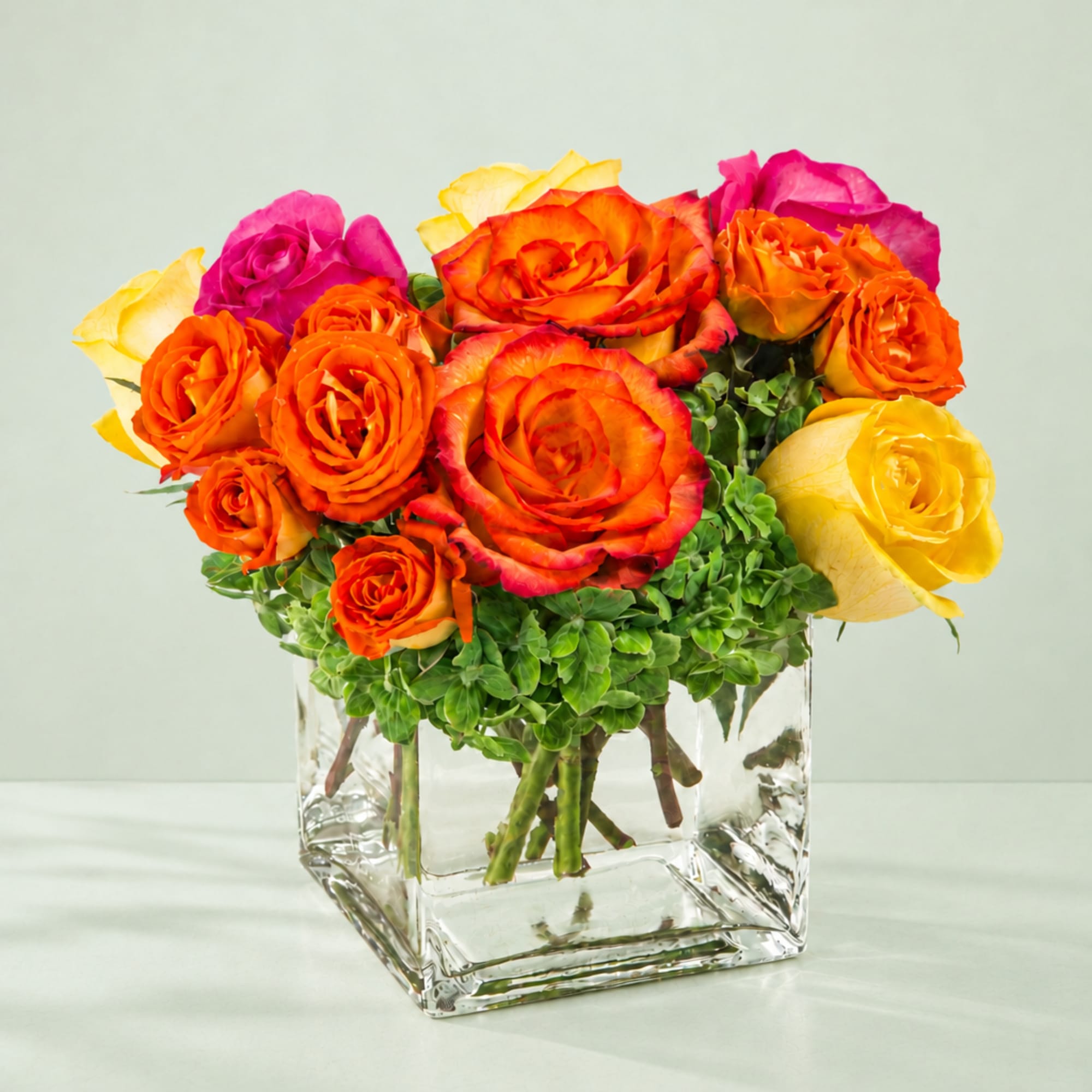 Colorful roses arranged in a clear square glass vase