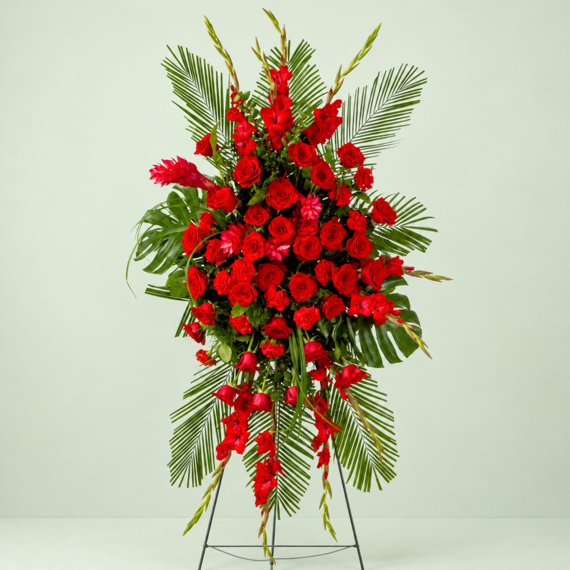Tall red floral standing spray with palm fronds on a metal easel