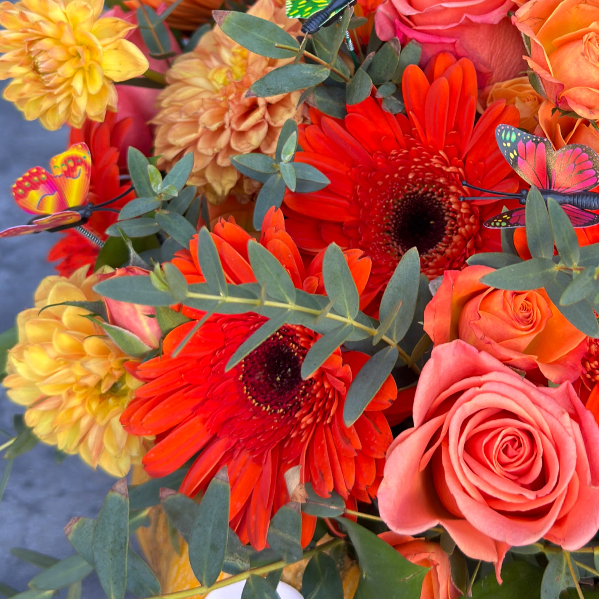Bright bouquet of orange gerberas and pink roses with butterflies