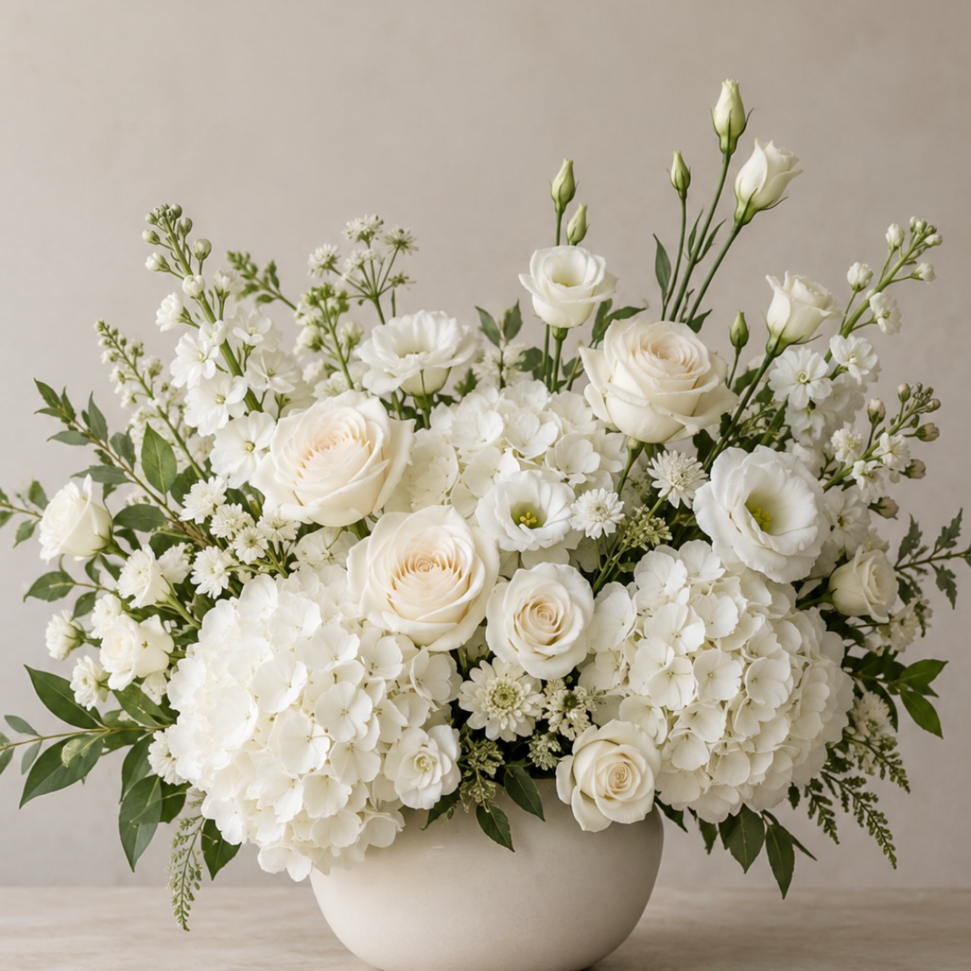 White roses and hydrangeas arranged in a low ceramic bowl