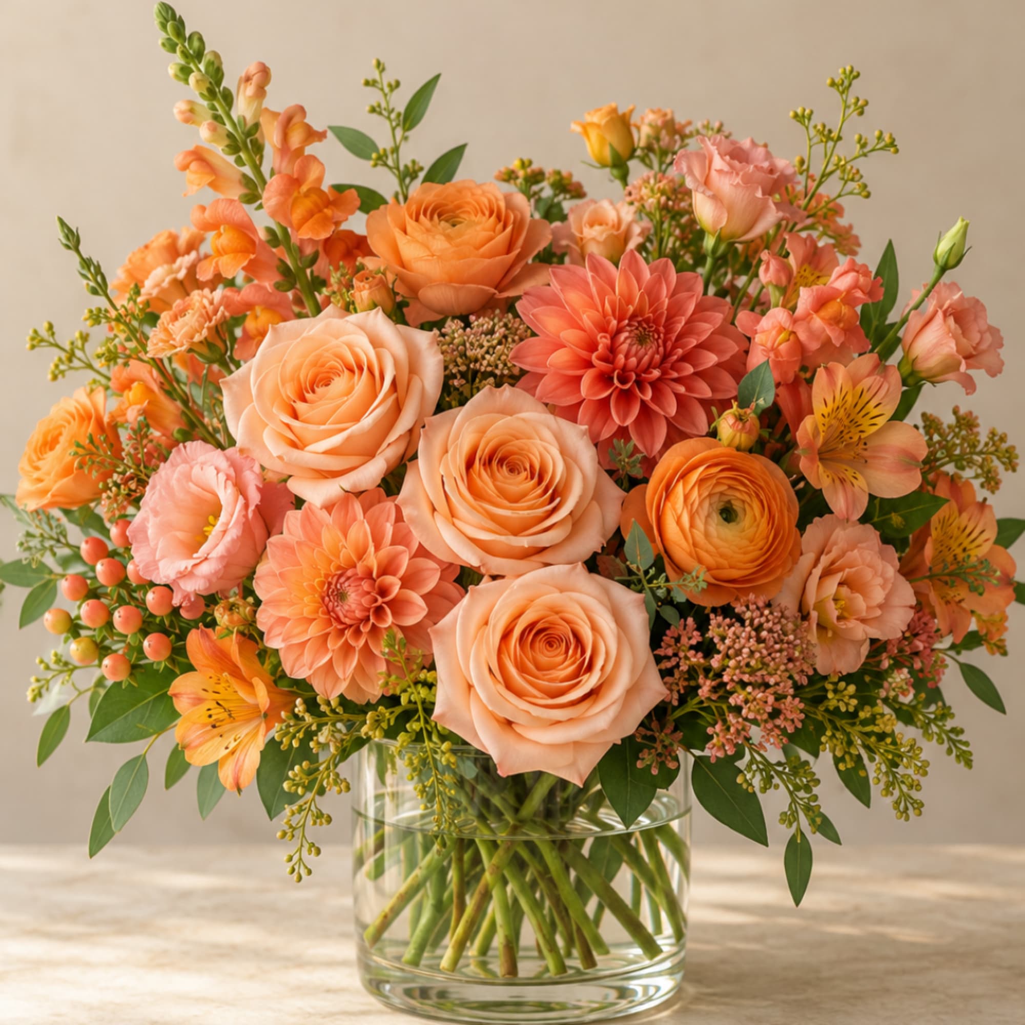 Peach and coral mixed bouquet in a clear glass vase