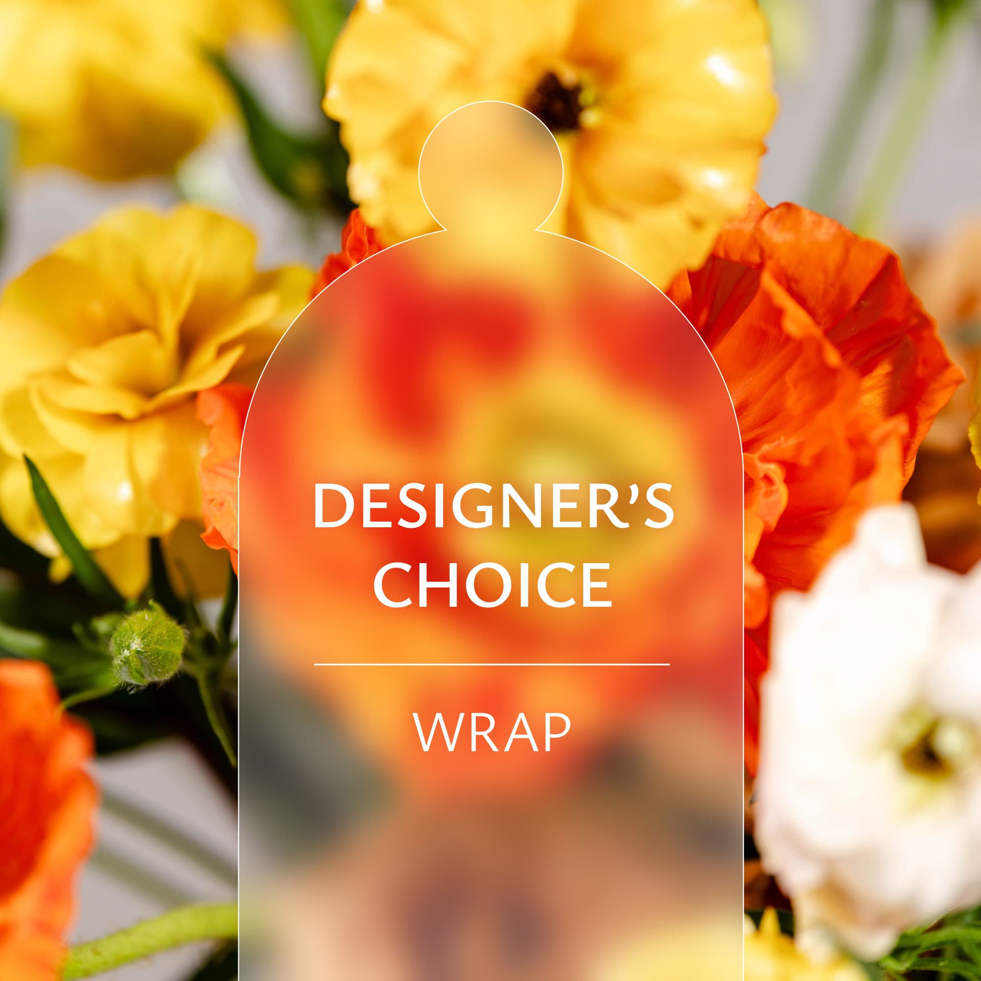 Designer’s choice wrap with yellow, orange, and white flowers