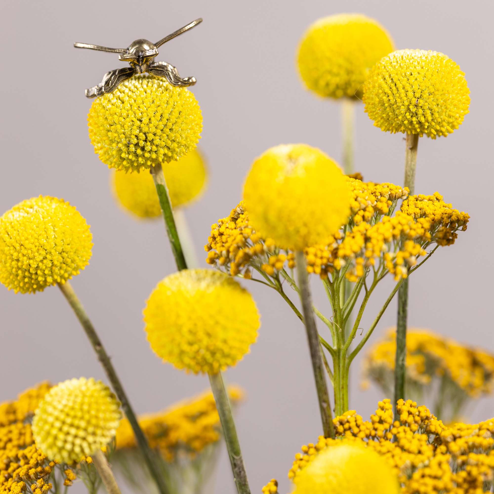 Yellow billy balls and small yellow filler flowers with a bee ornament