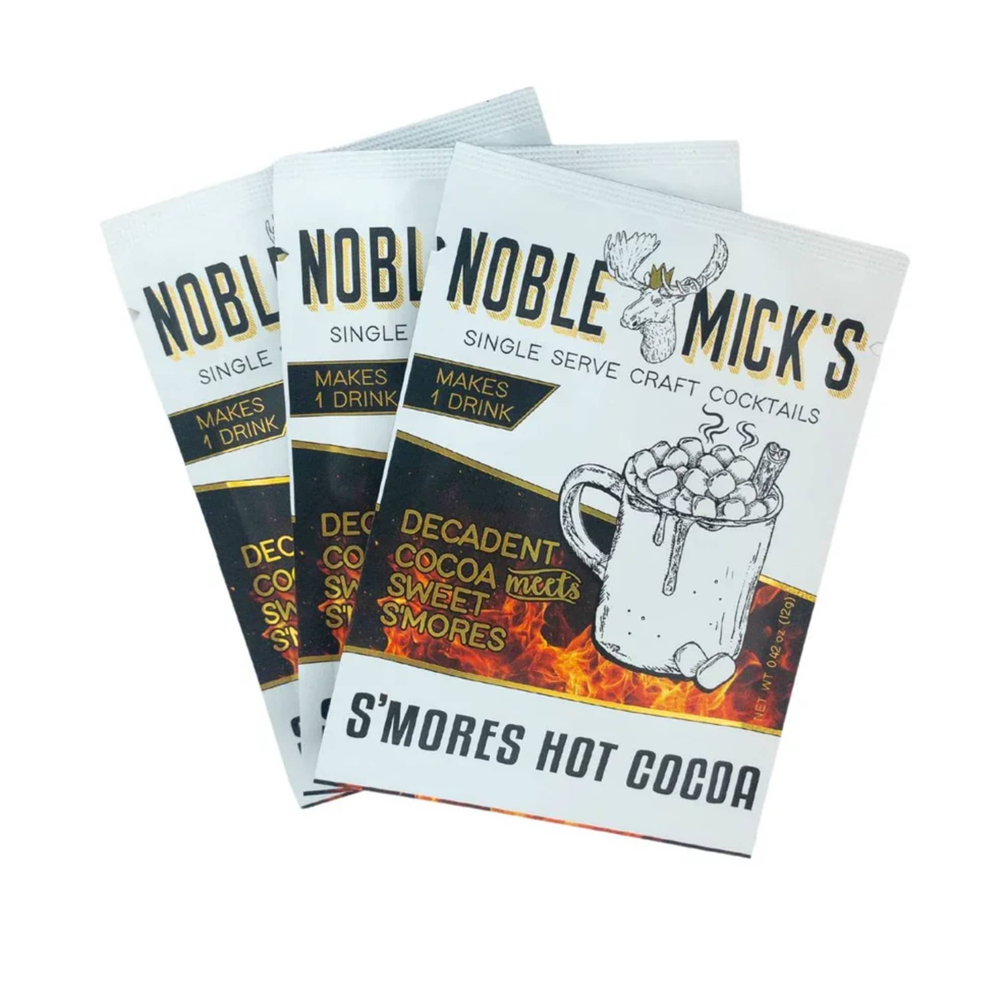 Three packets of Noble Mick's s'mores hot cocoa mix