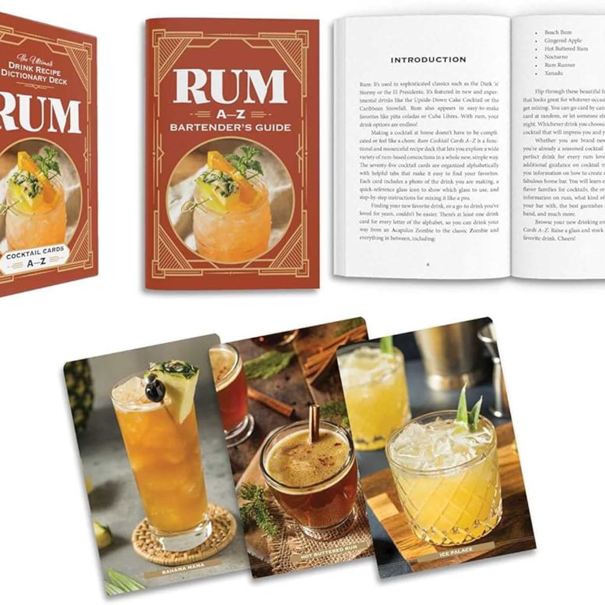 Boxed rum cocktail recipe deck with book and sample drink cards