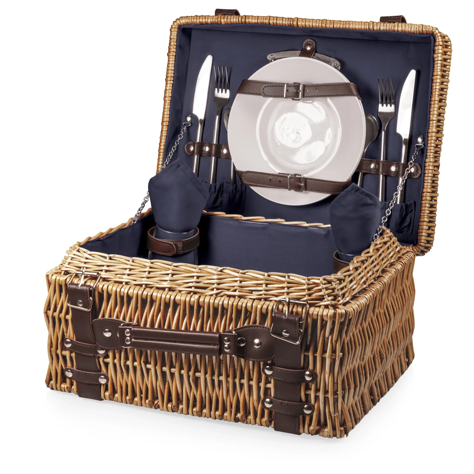 Wicker picnic basket with plates, cutlery, and napkins