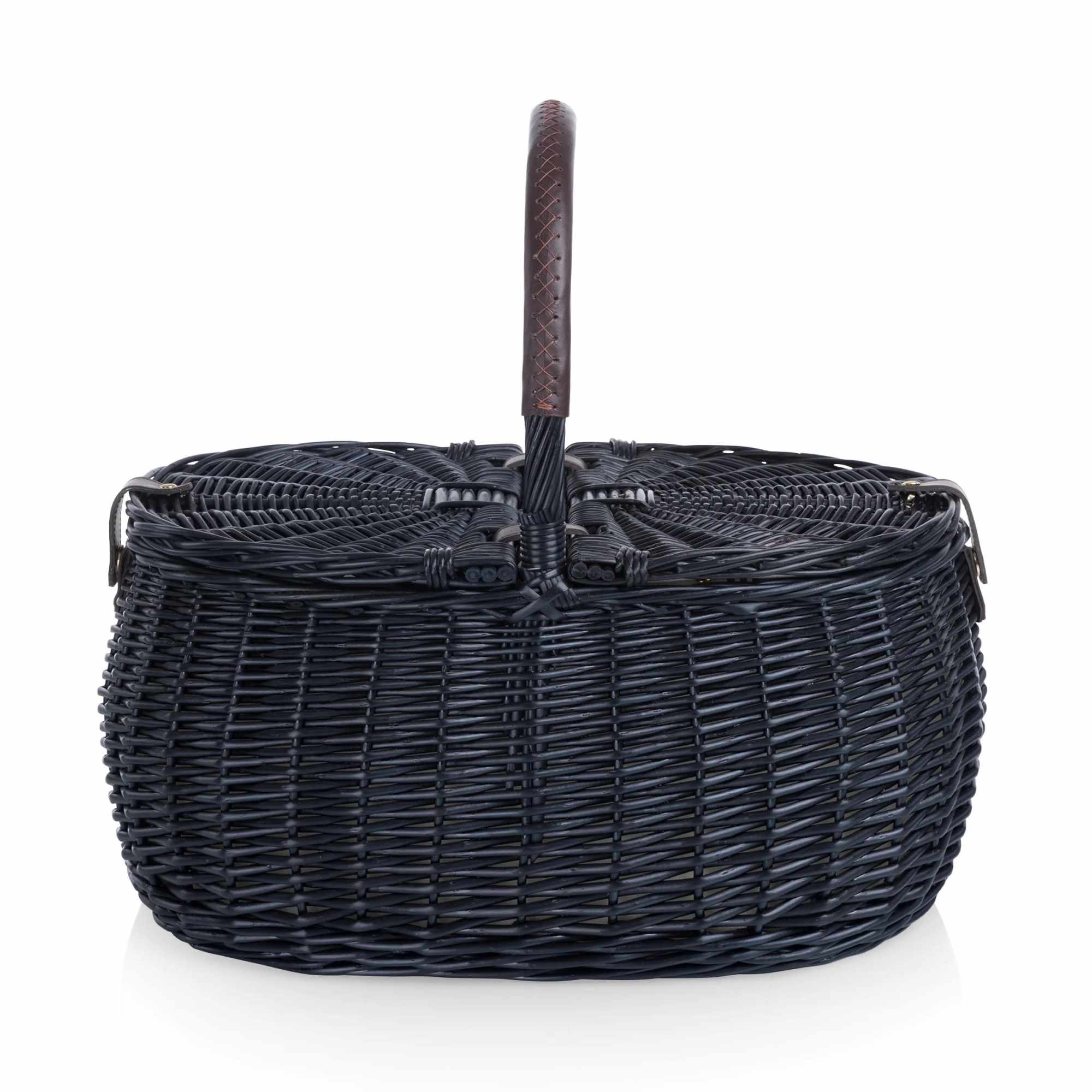 Black woven picnic basket with a leather-wrapped handle