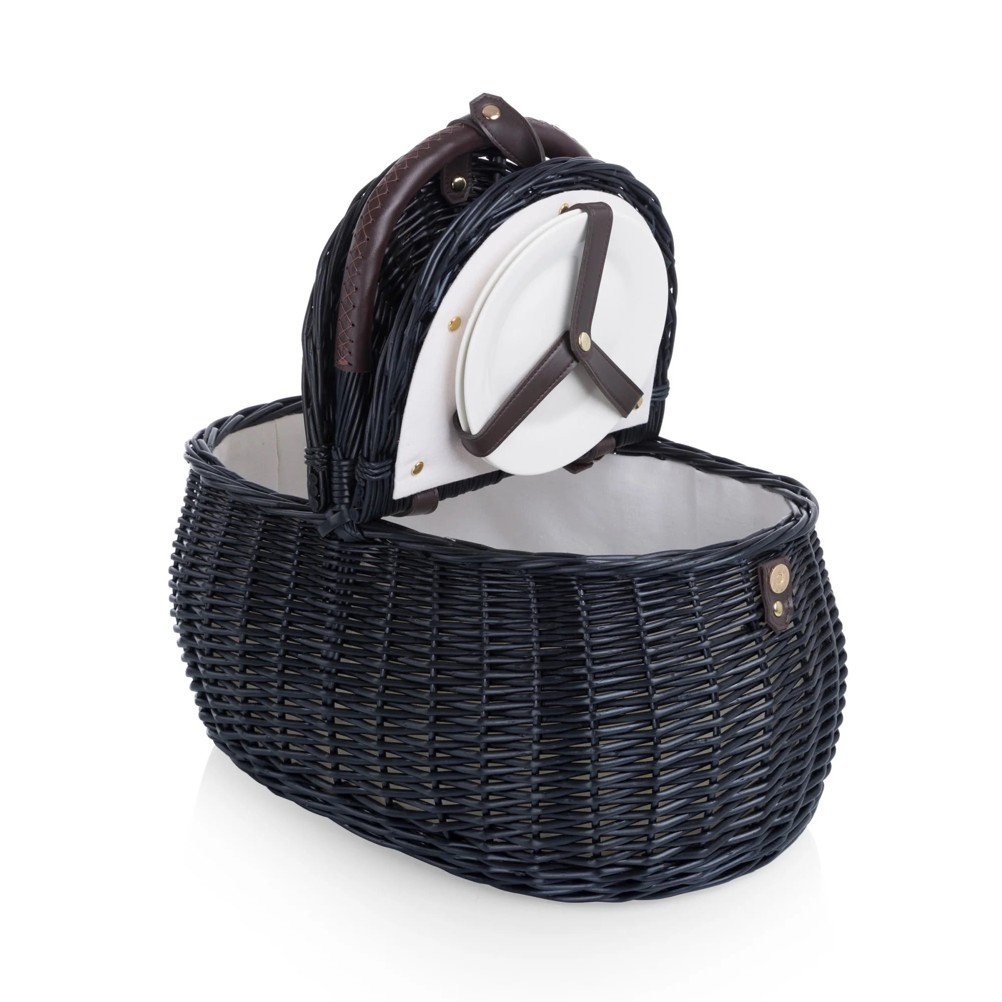 Black wicker basket with a hinged lid and white interior