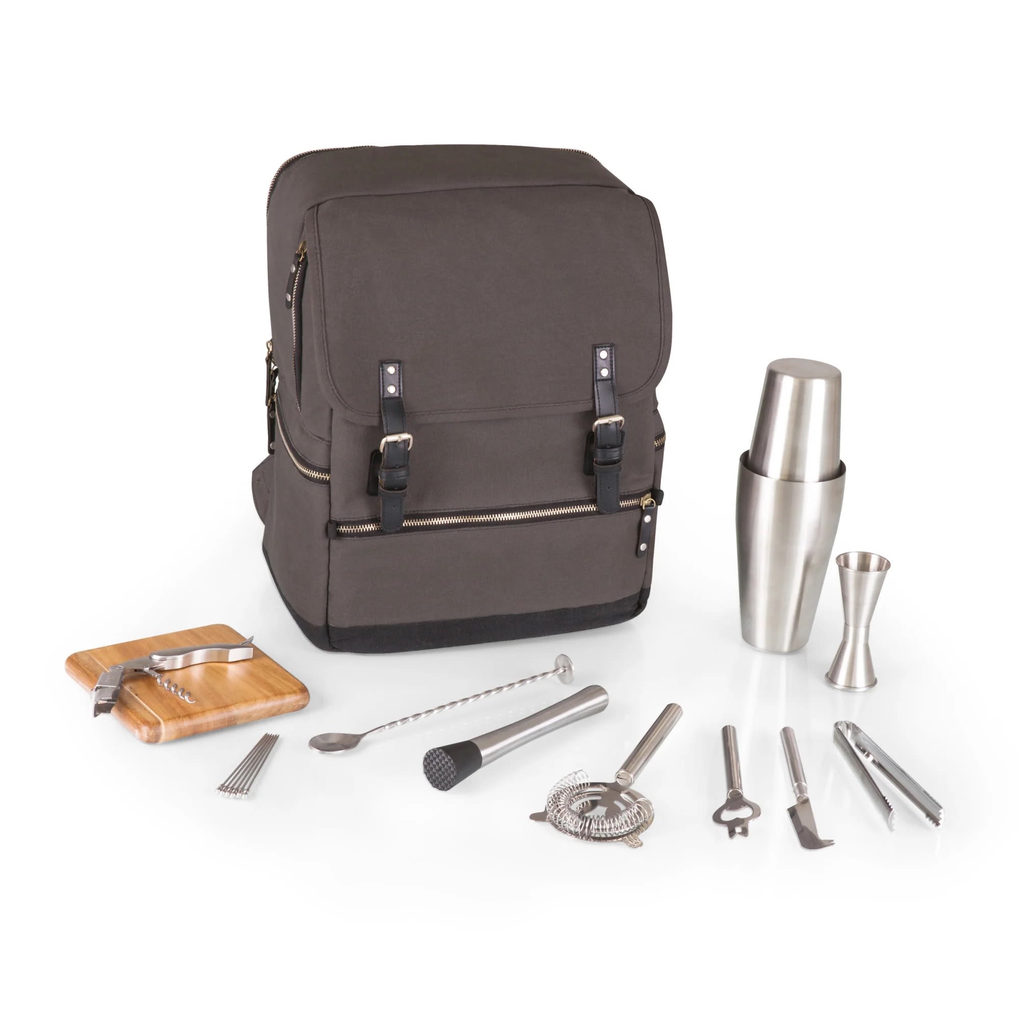 Bar tool set with a backpack, shaker, jigger, and utensils