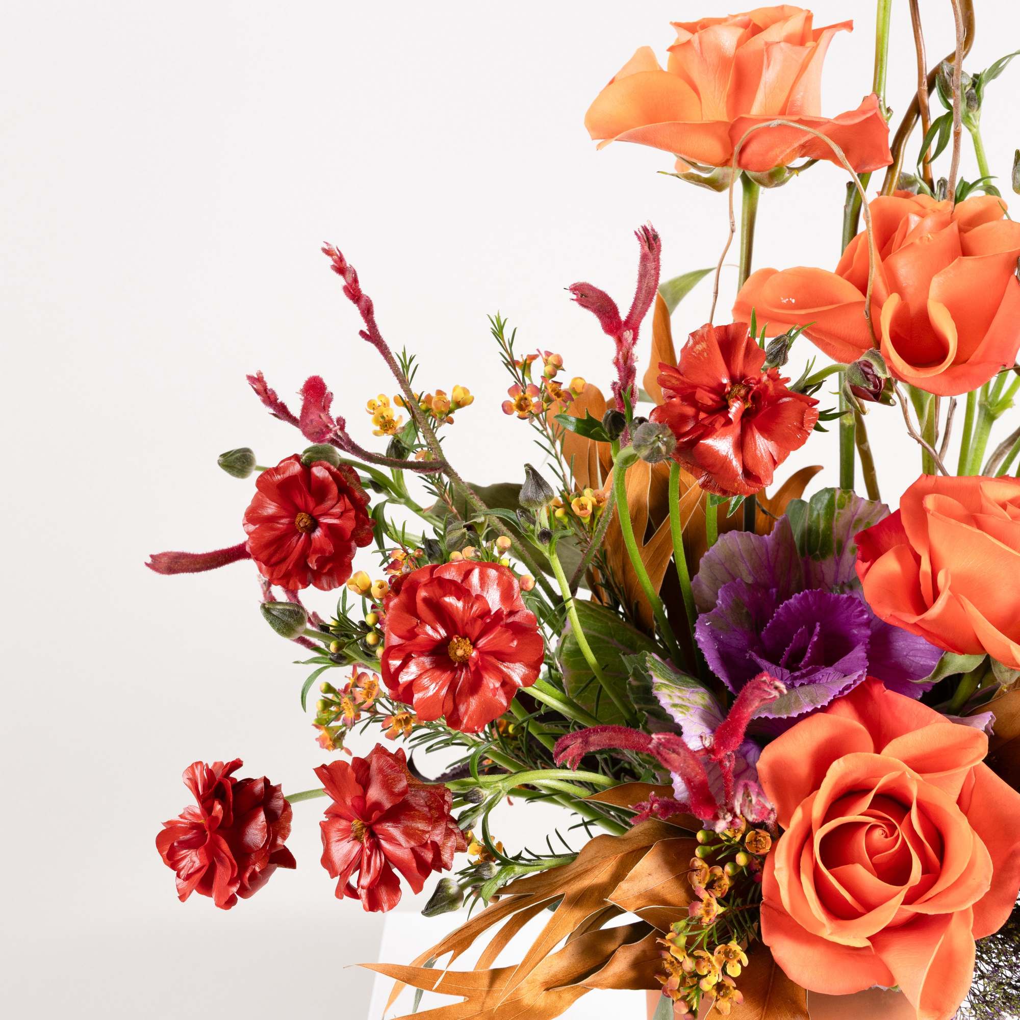 Orange and red rose arrangement with purple cabbage flowers in a vase