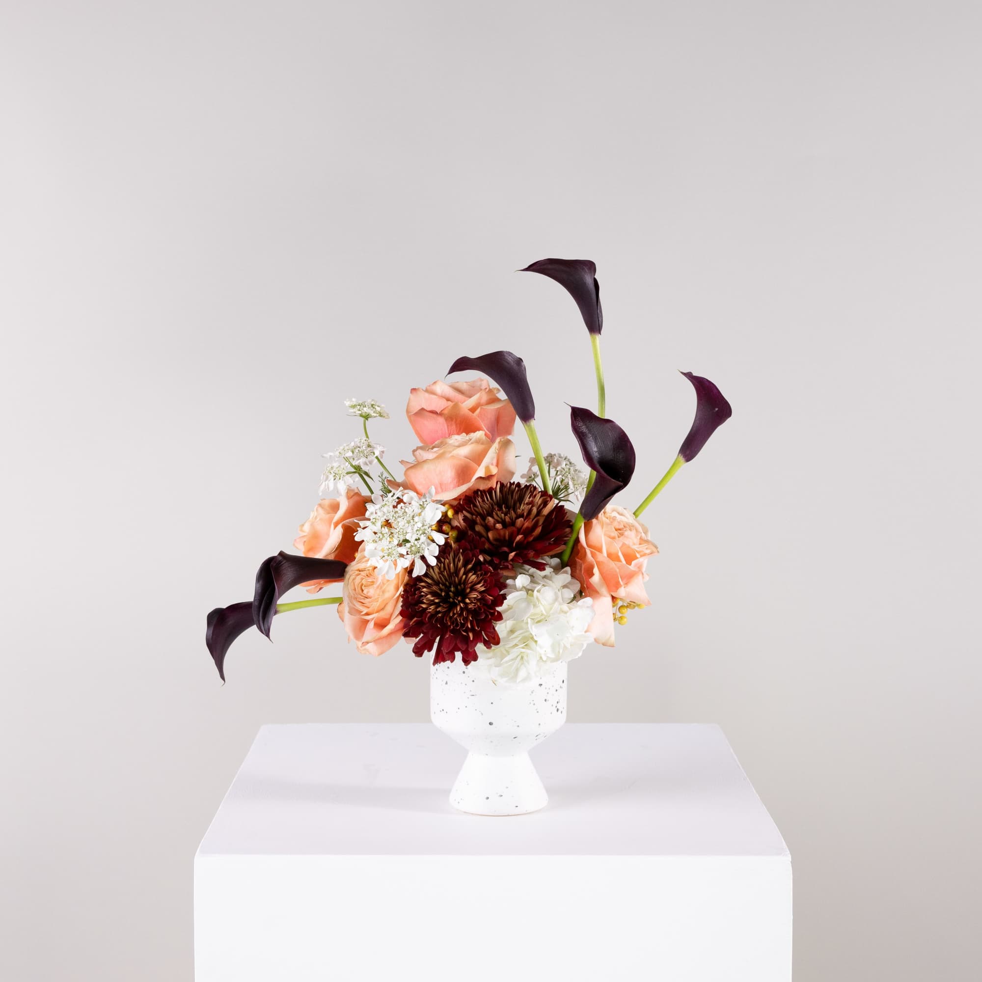 Peach roses and dark calla lilies in a white vase
