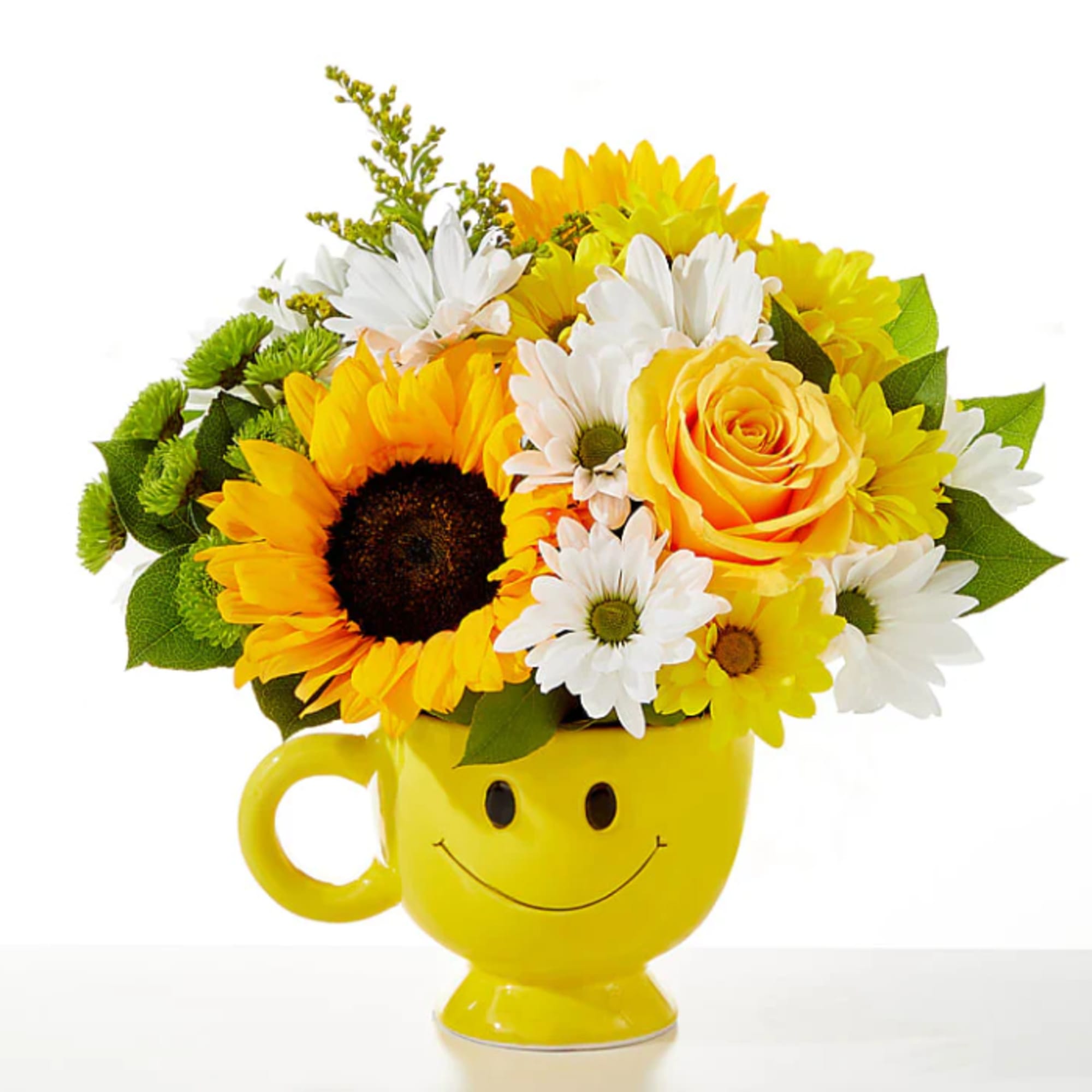 Yellow smiley-face mug holding sunflowers and daisies