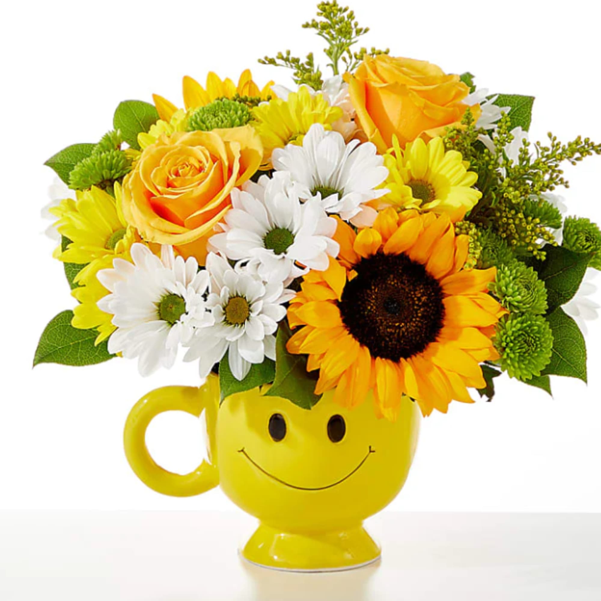 Yellow smiley-face mug holding yellow and white flowers