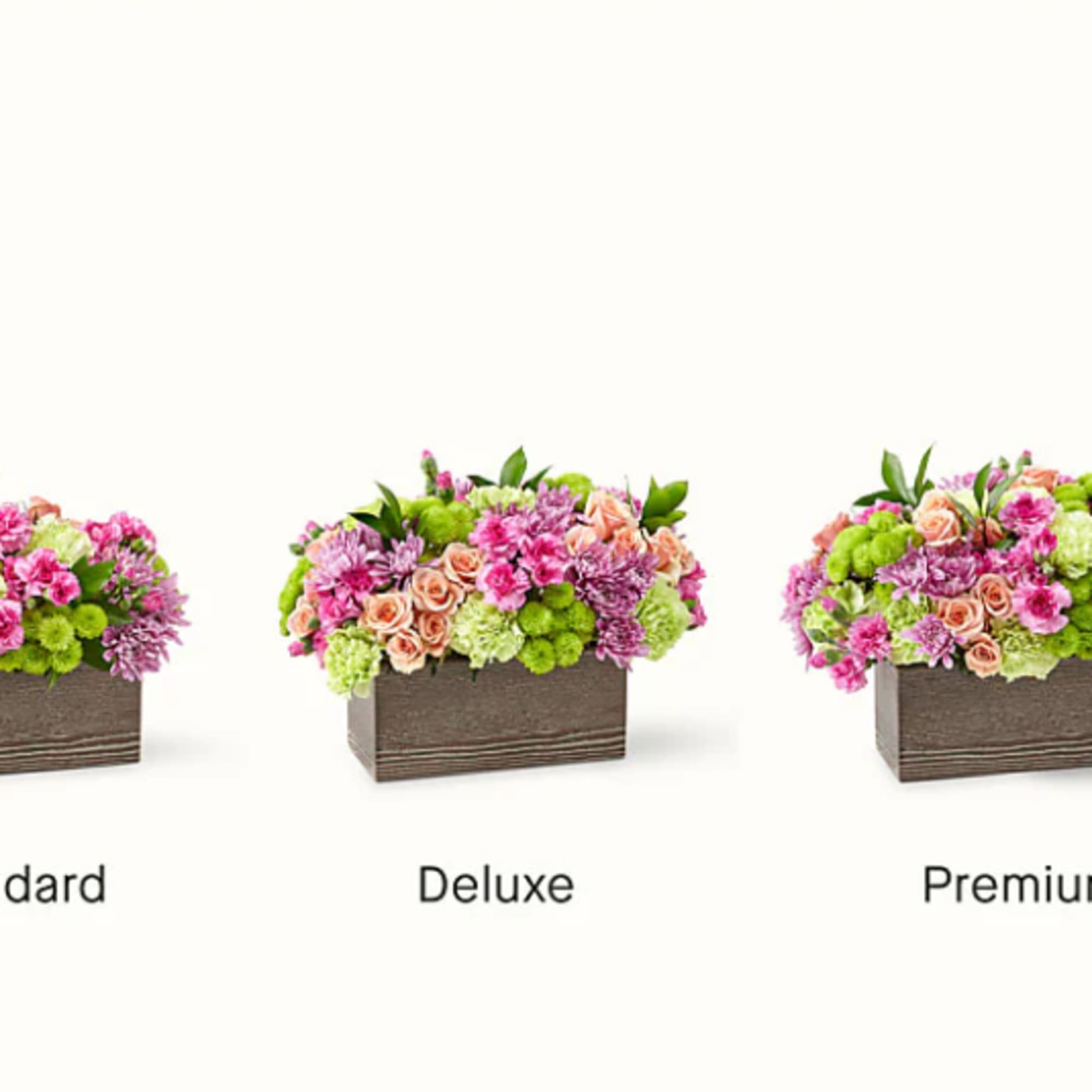 Three mixed flower arrangements in rectangular wooden boxes labeled Standard, Deluxe, and Premium