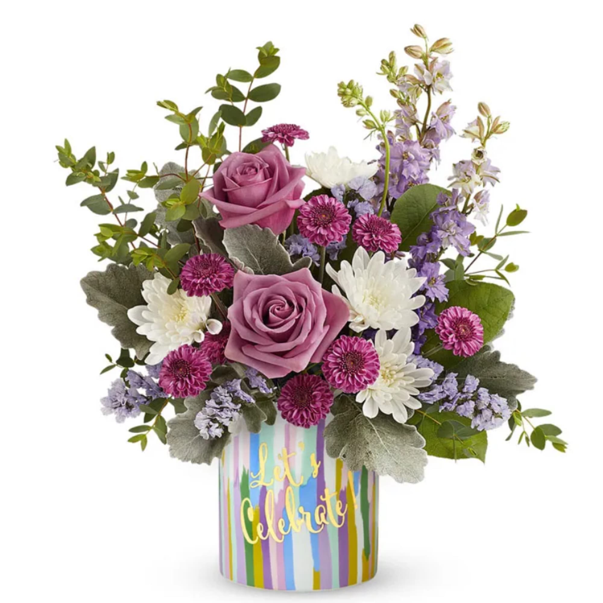 This stunning bouquet features elegant lavender roses, paired with vibrant purple button