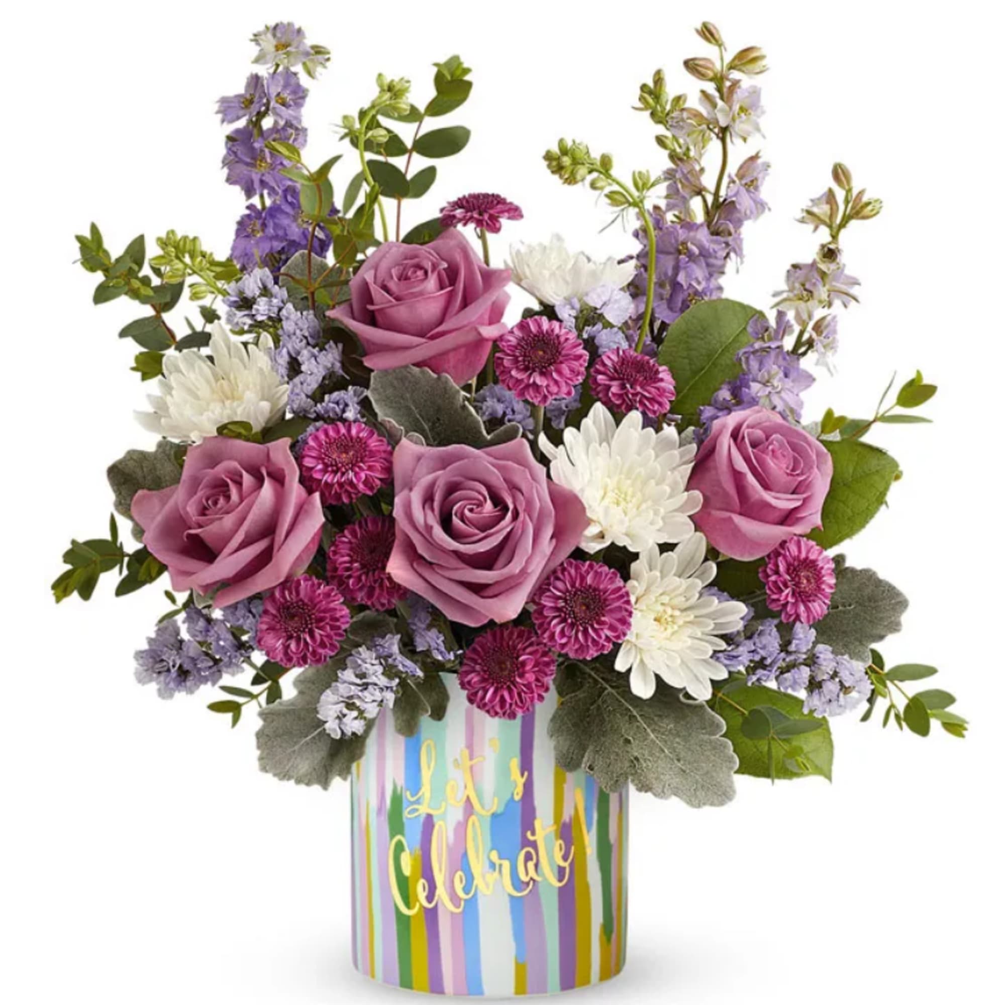 This stunning bouquet features elegant lavender roses, paired with vibrant purple button