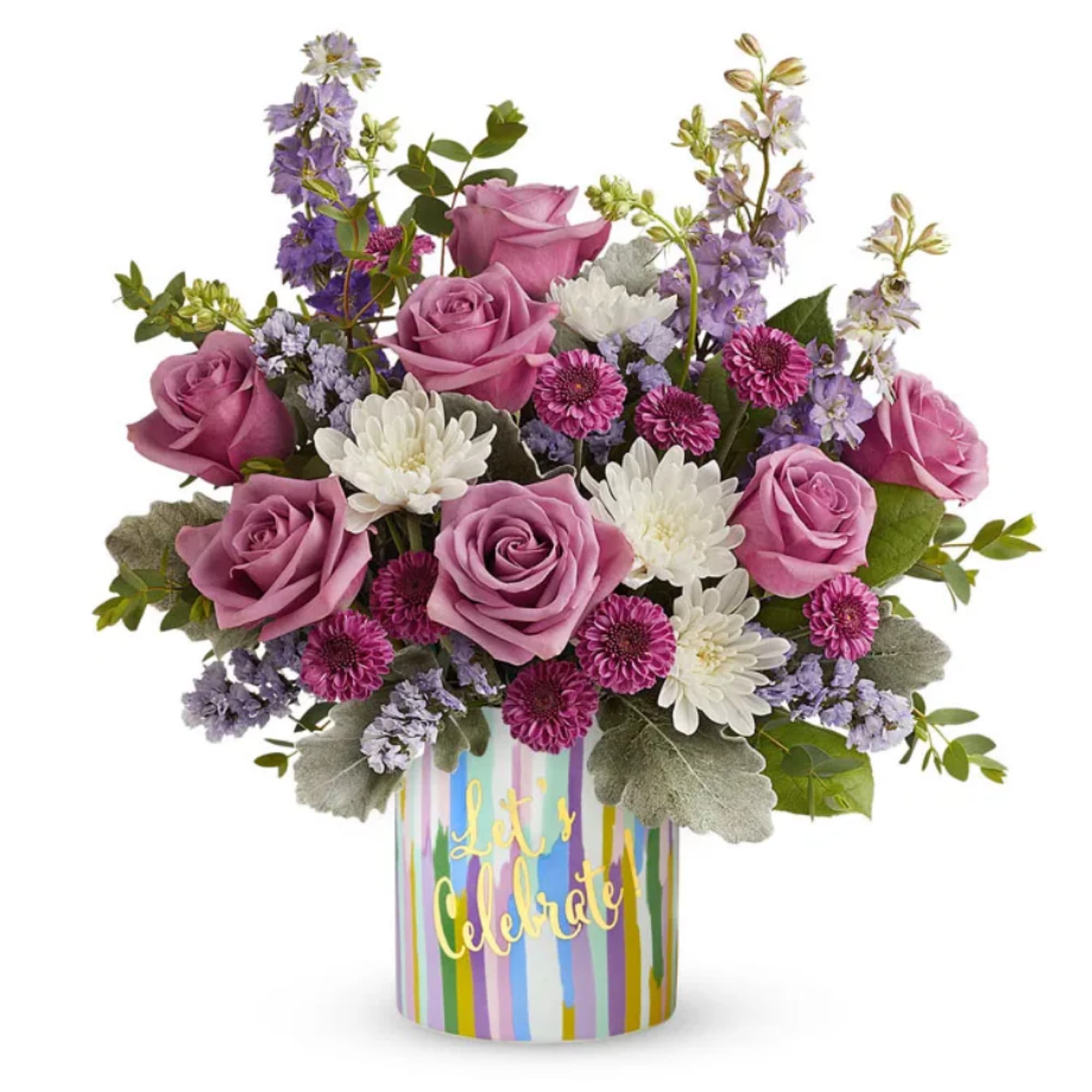 This stunning bouquet features elegant lavender roses, paired with vibrant purple button