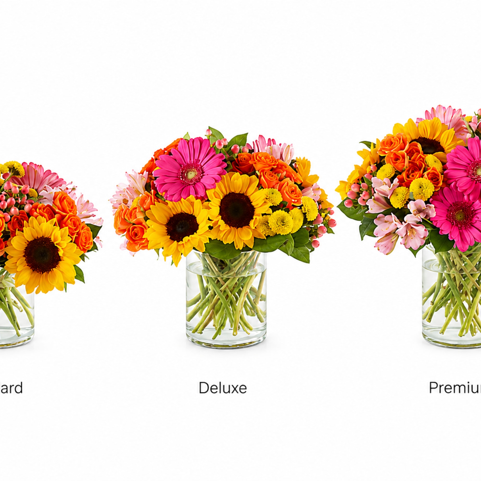 Three colorful mixed flower bouquets in glass vases labeled standard, deluxe, and premium