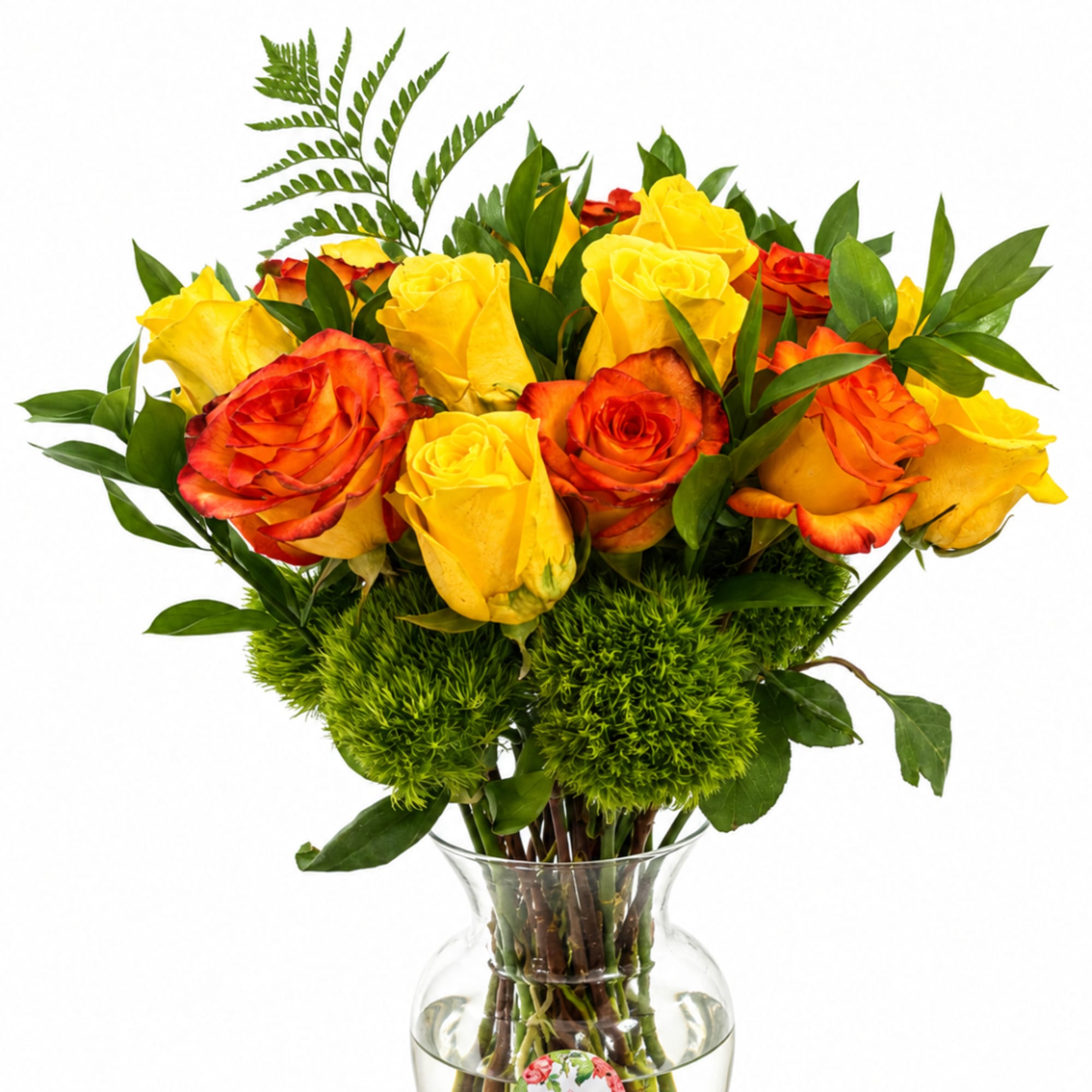Bouquet of yellow and orange roses in a clear glass vase, photo 4 of 5