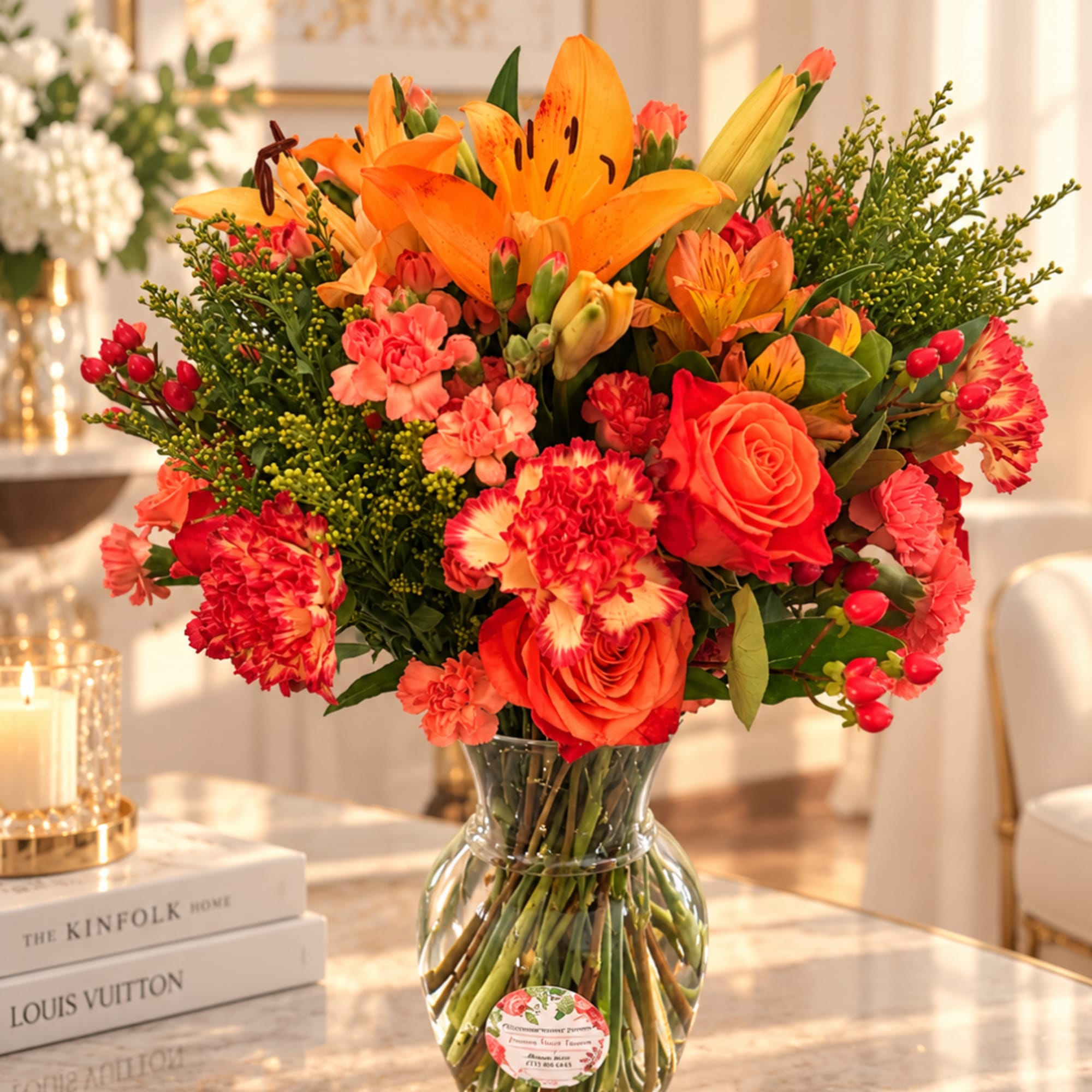 Orange lilies, roses, and carnations in a clear glass vase