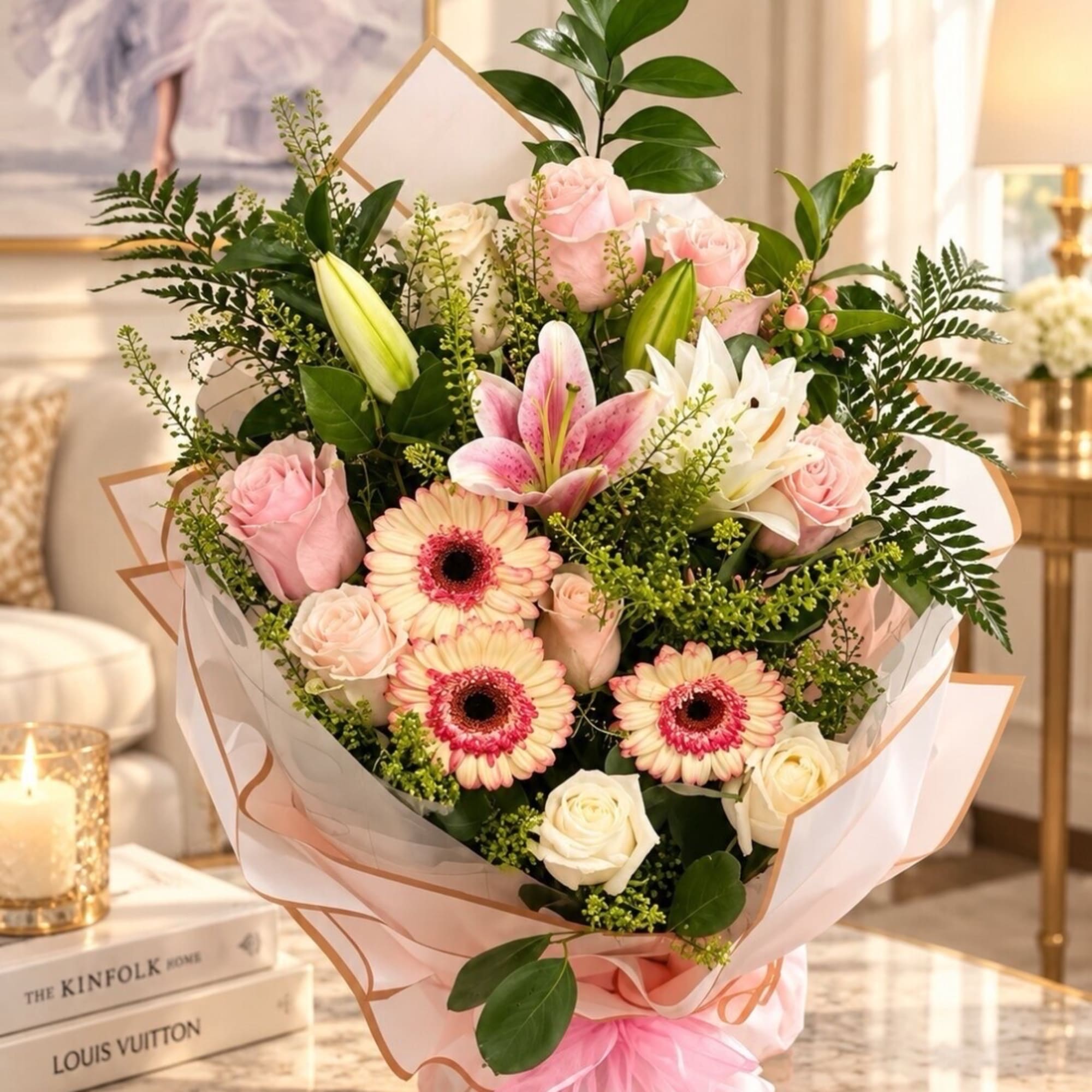 Bouquet of pink and white flowers wrapped in pale pink paper