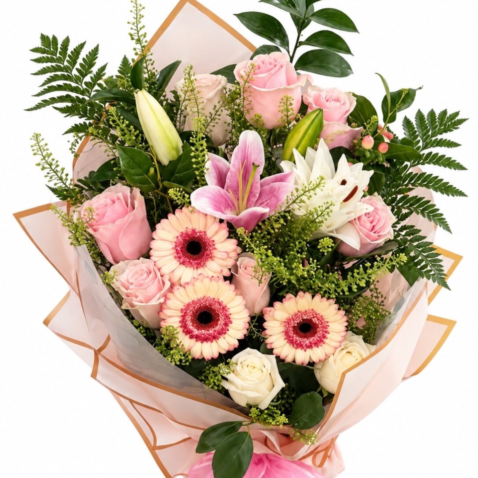 Pink and white mixed bouquet with roses, lilies, and gerbera daisies