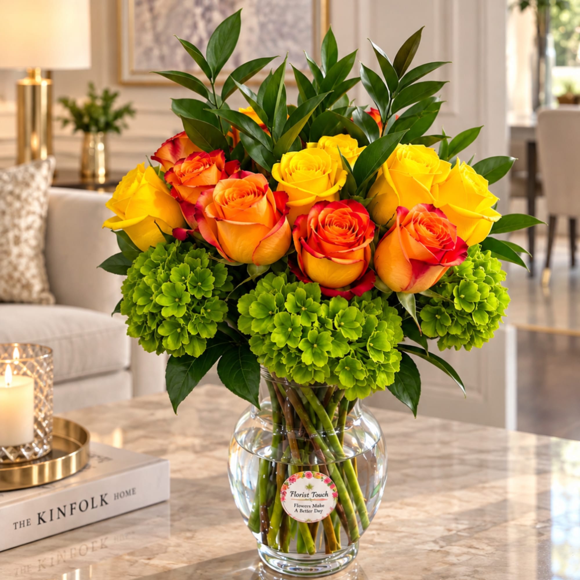 Bouquet of yellow and orange roses in a clear glass vase, photo 5 of 5