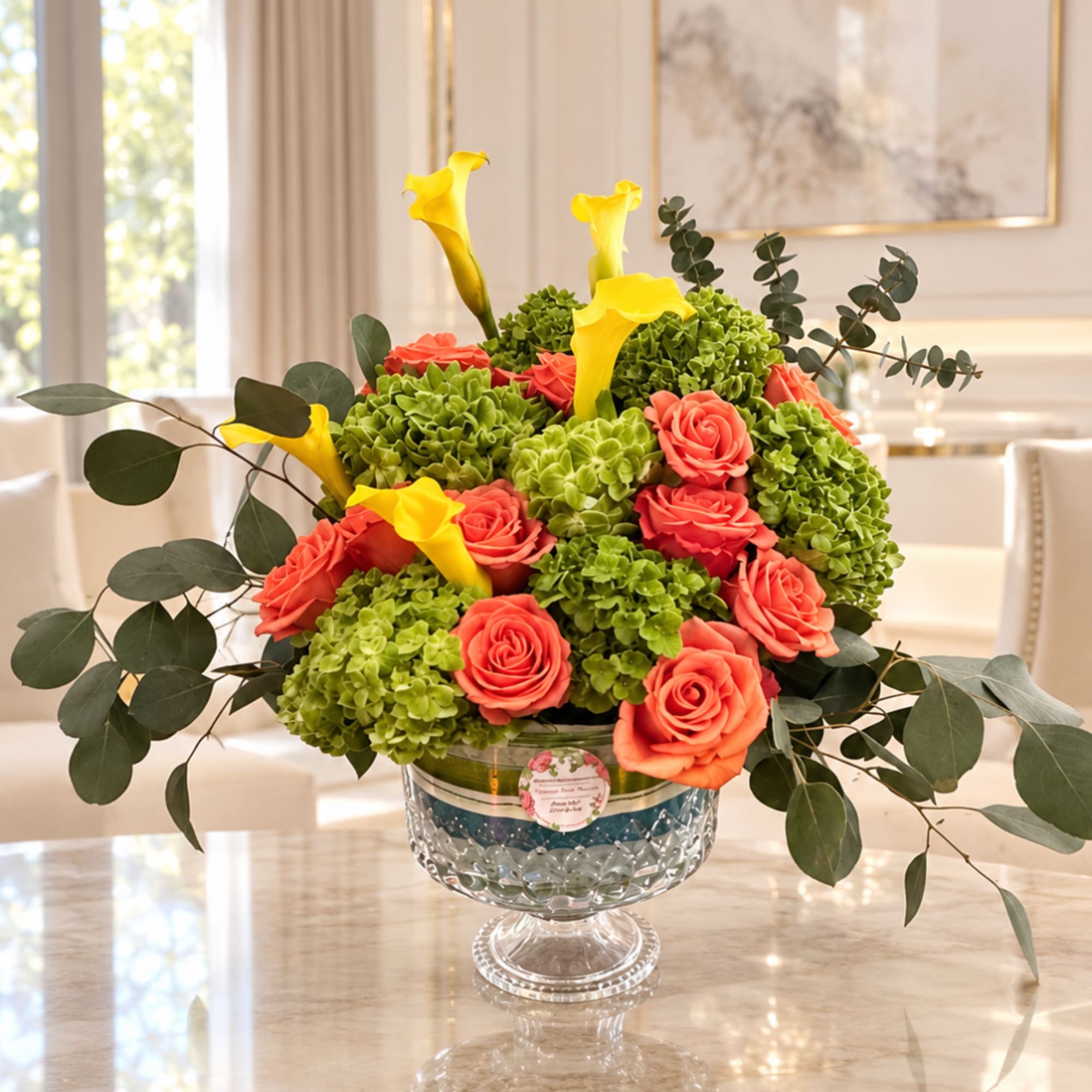 Coral roses and yellow calla lilies in a glass pedestal vase