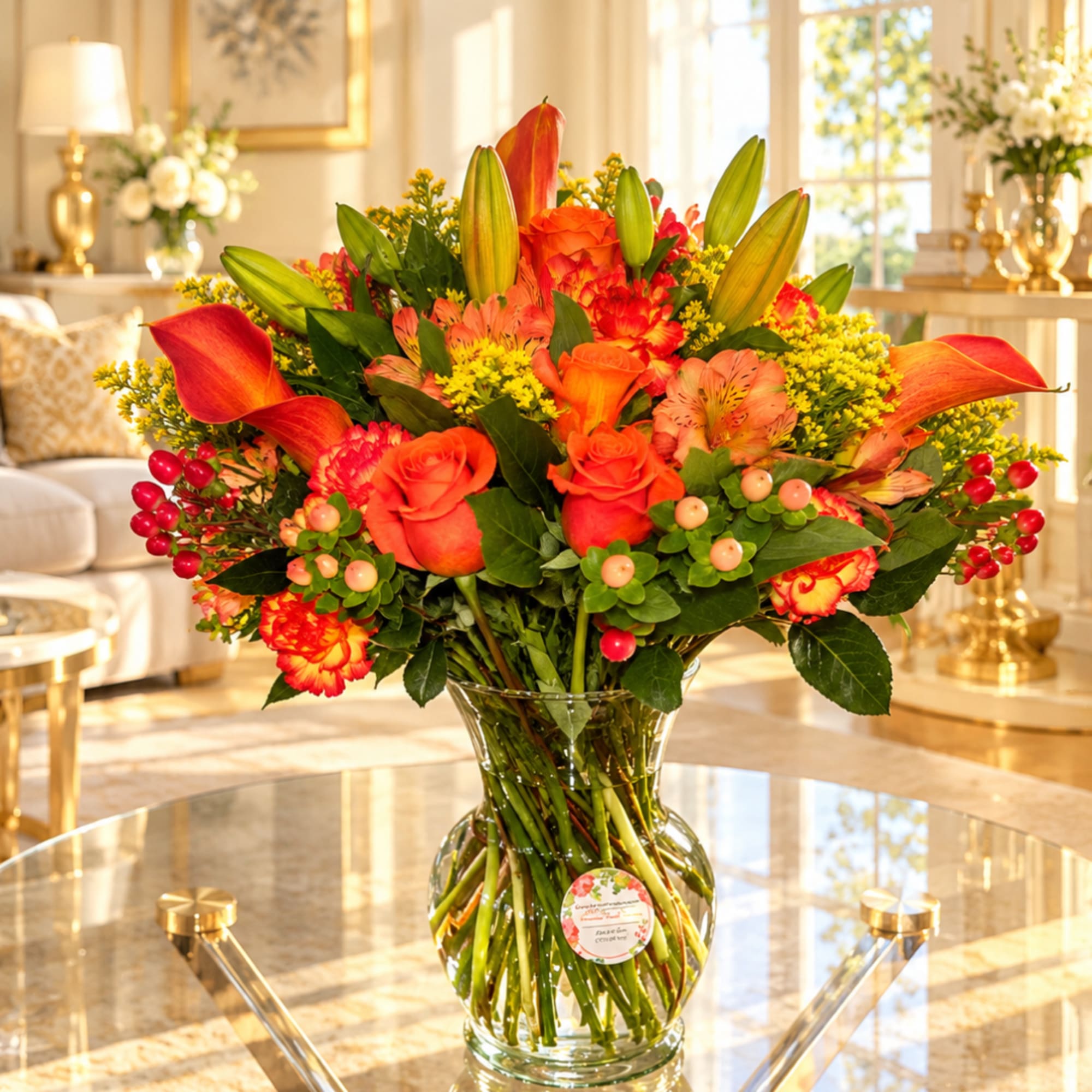 Orange and red mixed bouquet in a clear glass vase