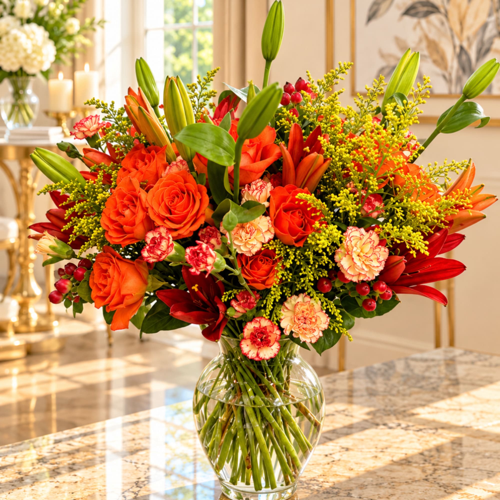 Orange and red mixed bouquet in a clear glass vase, photo 3 of 3