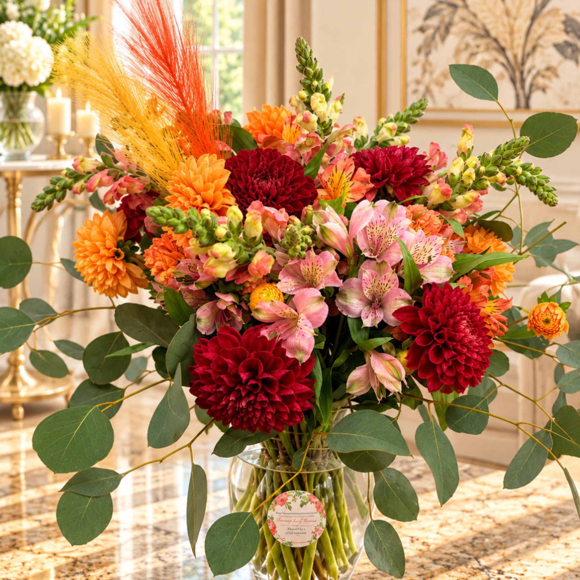 Bouquet of red, orange, and pink flowers in a clear glass vase