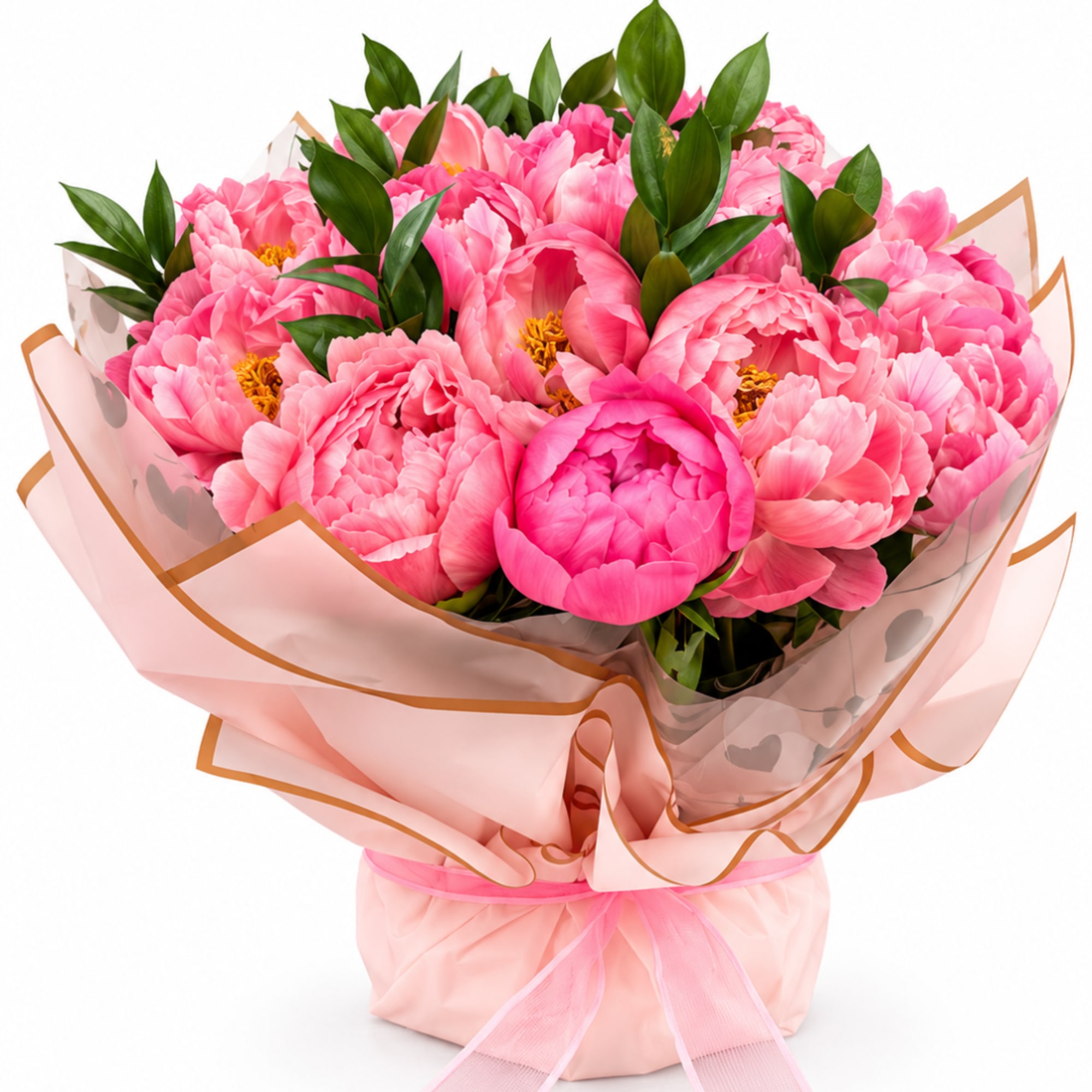 Pink peony bouquet wrapped in pale pink paper with a ribbon