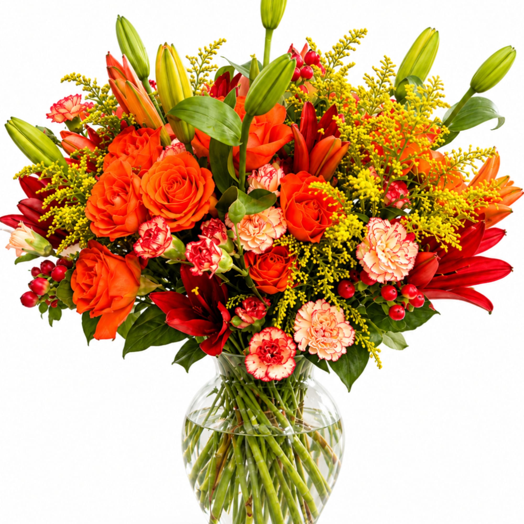 Orange roses and lilies in a clear glass vase