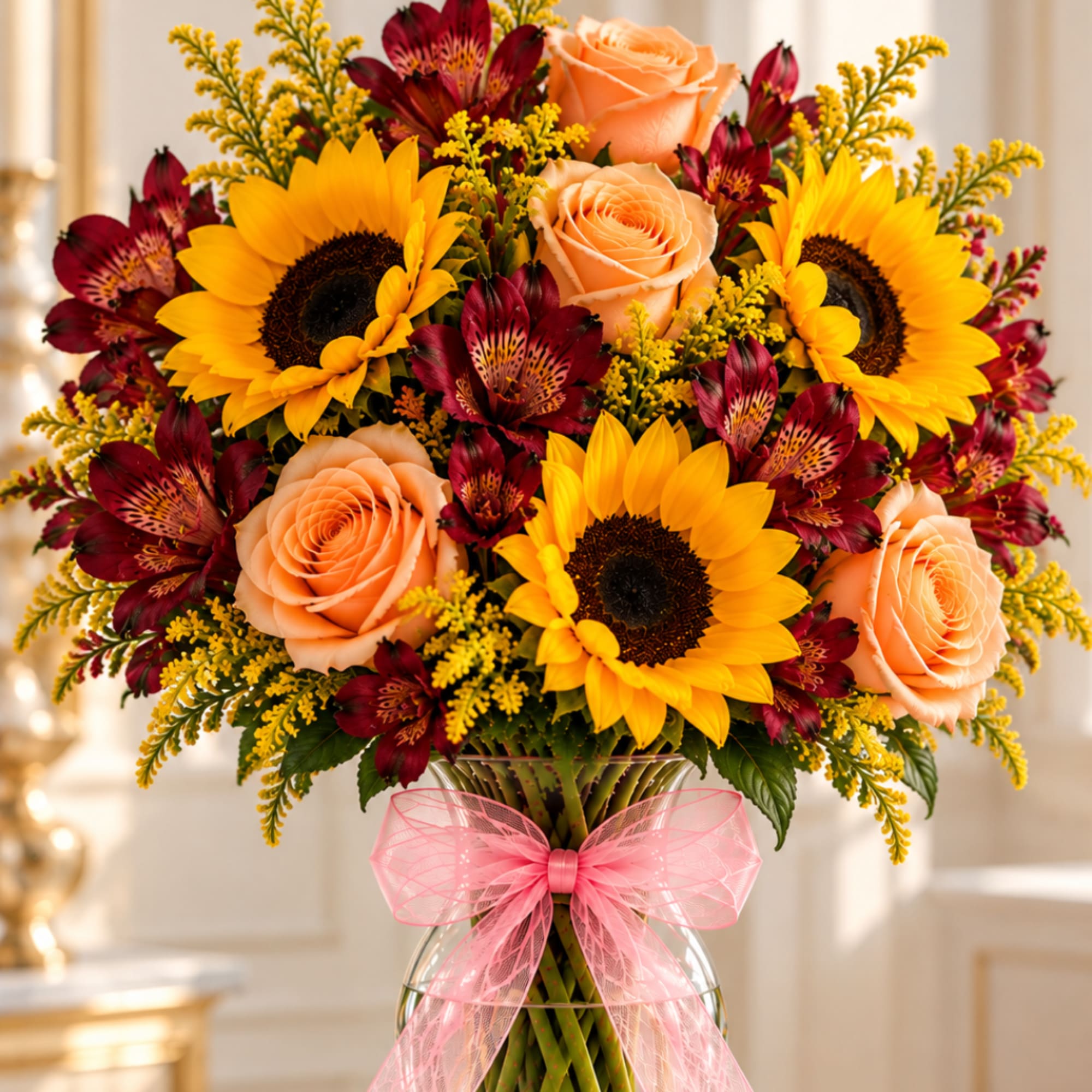 Sunflowers, peach roses, and burgundy alstroemeria in a glass vase with a pink bow
