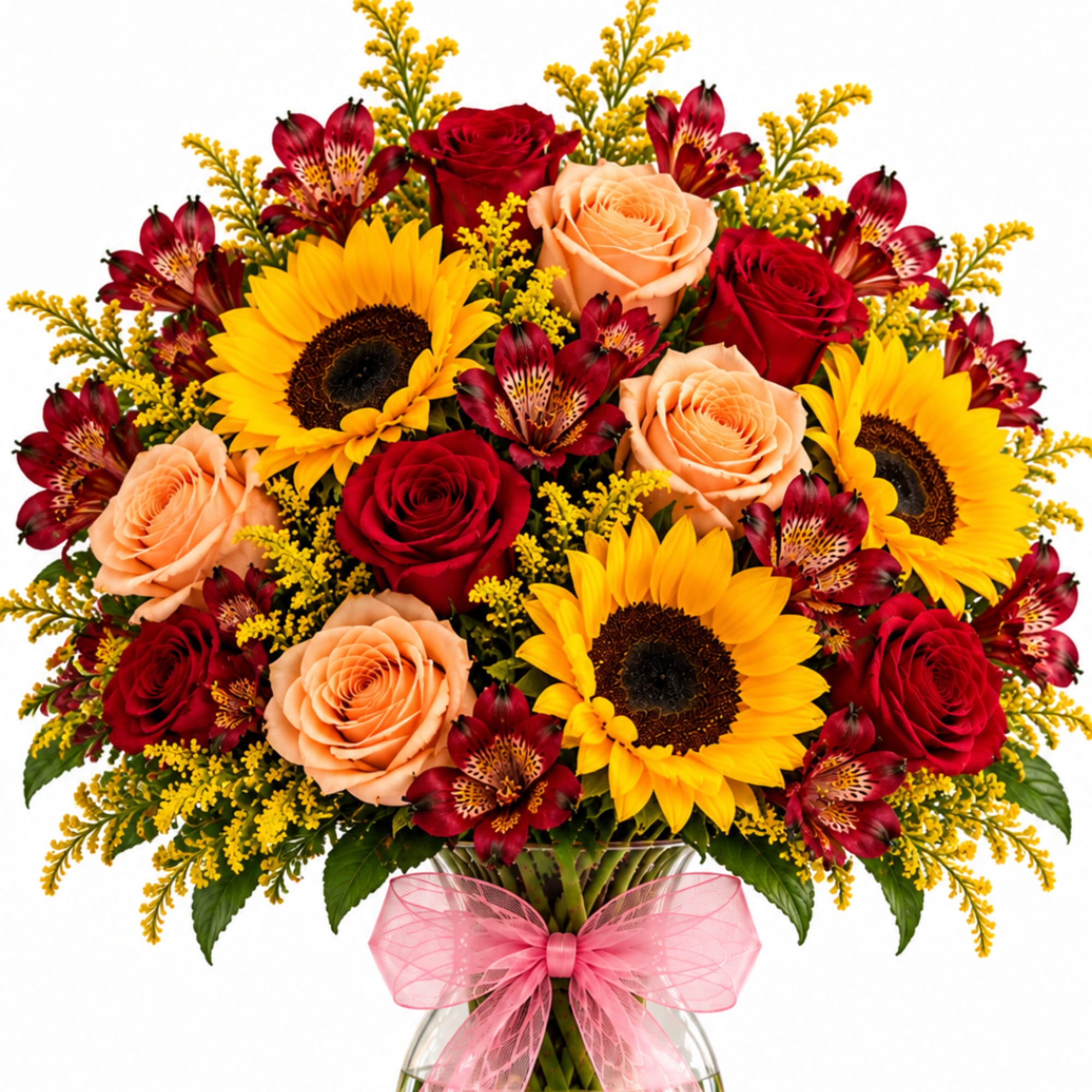 Bouquet of red roses, peach roses, sunflowers, and burgundy alstroemeria in a vase